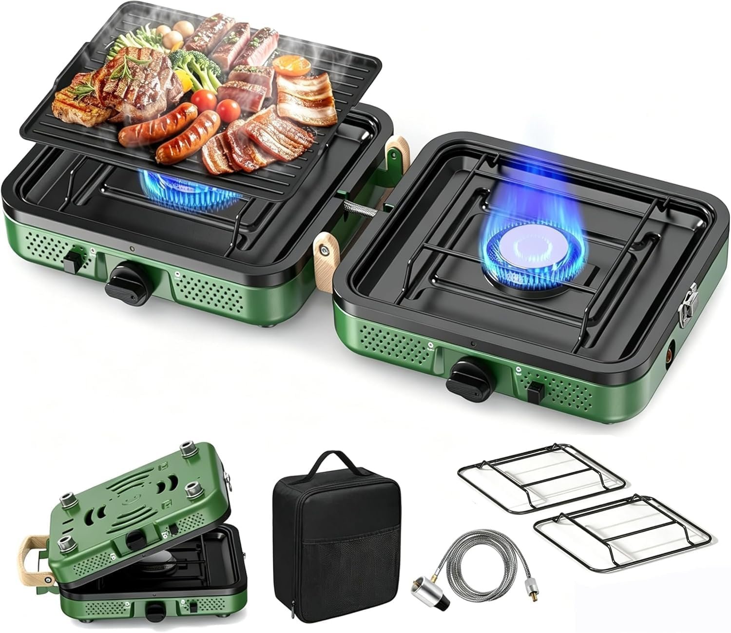 2 Burner Camping Stove,10000 BTU Propane Camp Stove Portable Folding Gas Travel Stove Camping Essentials Gears Includes Grill,Carrying Bag, Adjustable Burners & Piezo Ignition (Grill Plate Excluded)