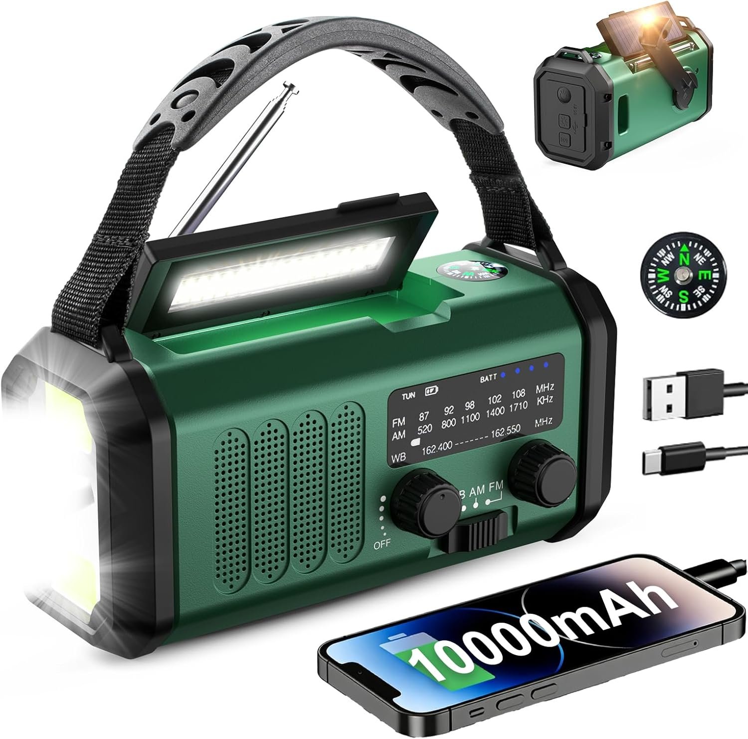 Leaton Hand Crank Emergency Radio, NOAA Weather Radio AM/FM,10000mAh | Solar Power Bank,Rechargeable Battery Powered, USB-C Charger, Flashlight, SOS Alarm, for Camping Survival Emergencies