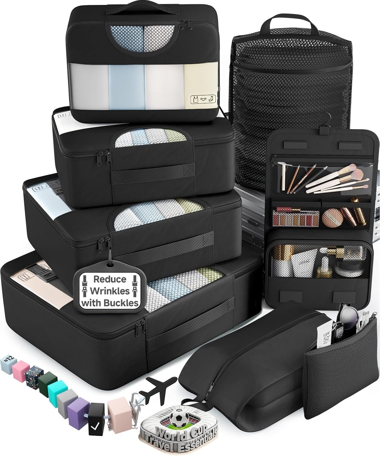 Veken 10 Set/8 Set Packing Cubes for Travel Essentials,Anti-Wrinkle Buckled Suitcase Organizer for Shoe & Toiletry Bag,Carry On Luggage Bag for Airplane & College Dorm Room Accessories,Women Men Gifts