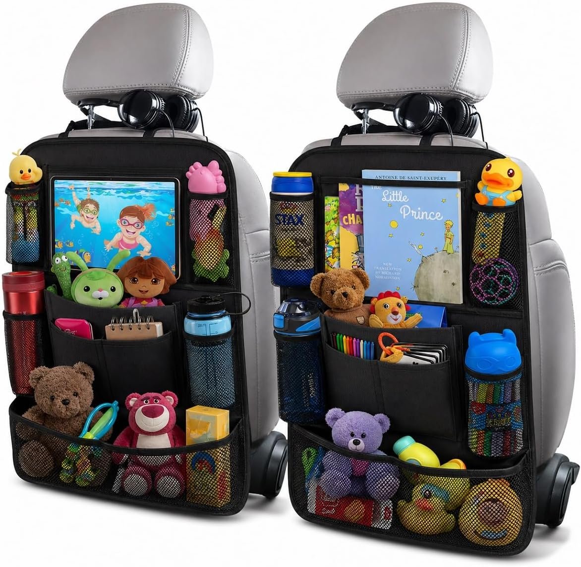 ULEEKA Car Backseat Organizer with 10″ Table Holder, 9 Storage Pockets Seat Back Protectors Kick Mats for Kids Toddlers, Travel Accessories, 2 Pack