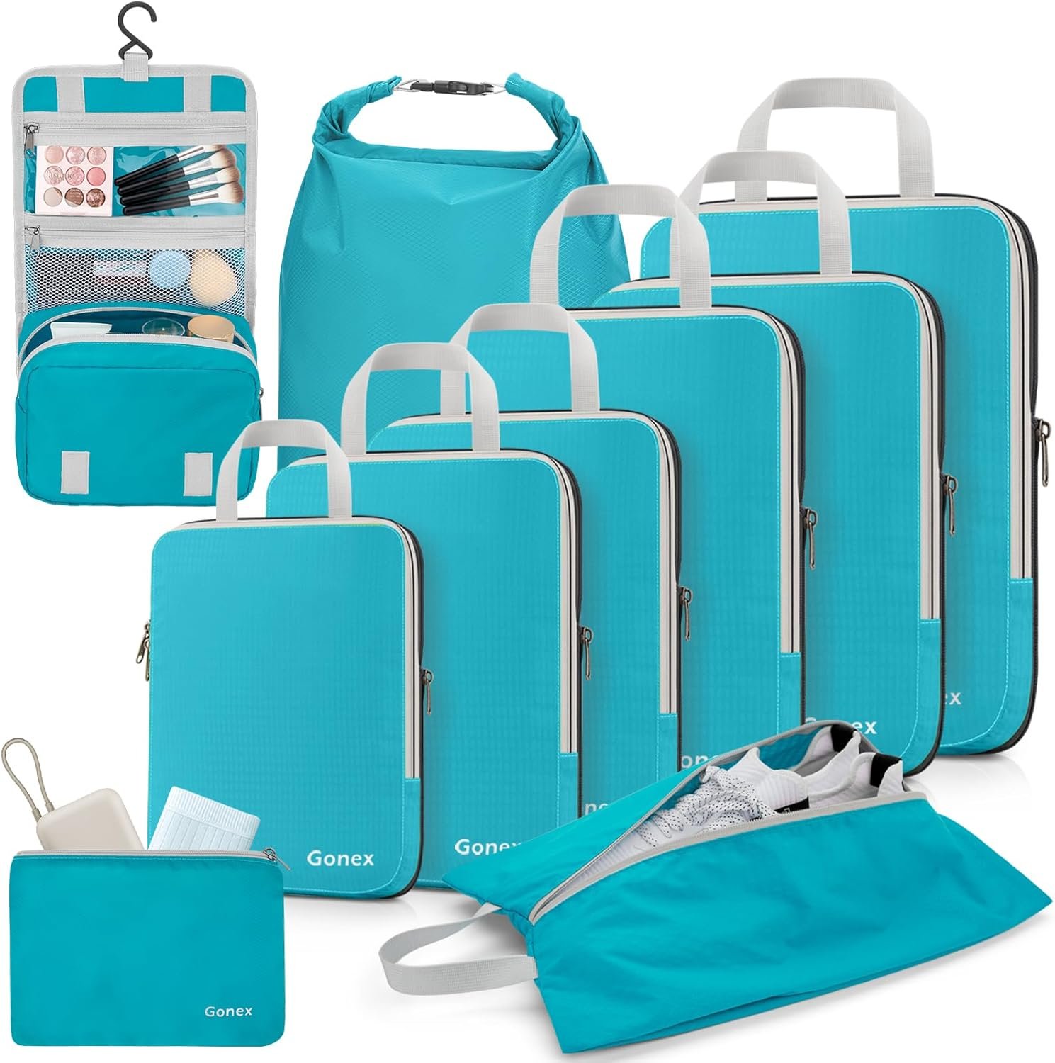 Gonex 10 Set Compression Packing Cubes, Expandable Storage Travel Bags for Suitcase, Luggage Organizers with Hanging Toiletry Bag Laundry Bag Shoe Bag Accessories Bag (Blue)