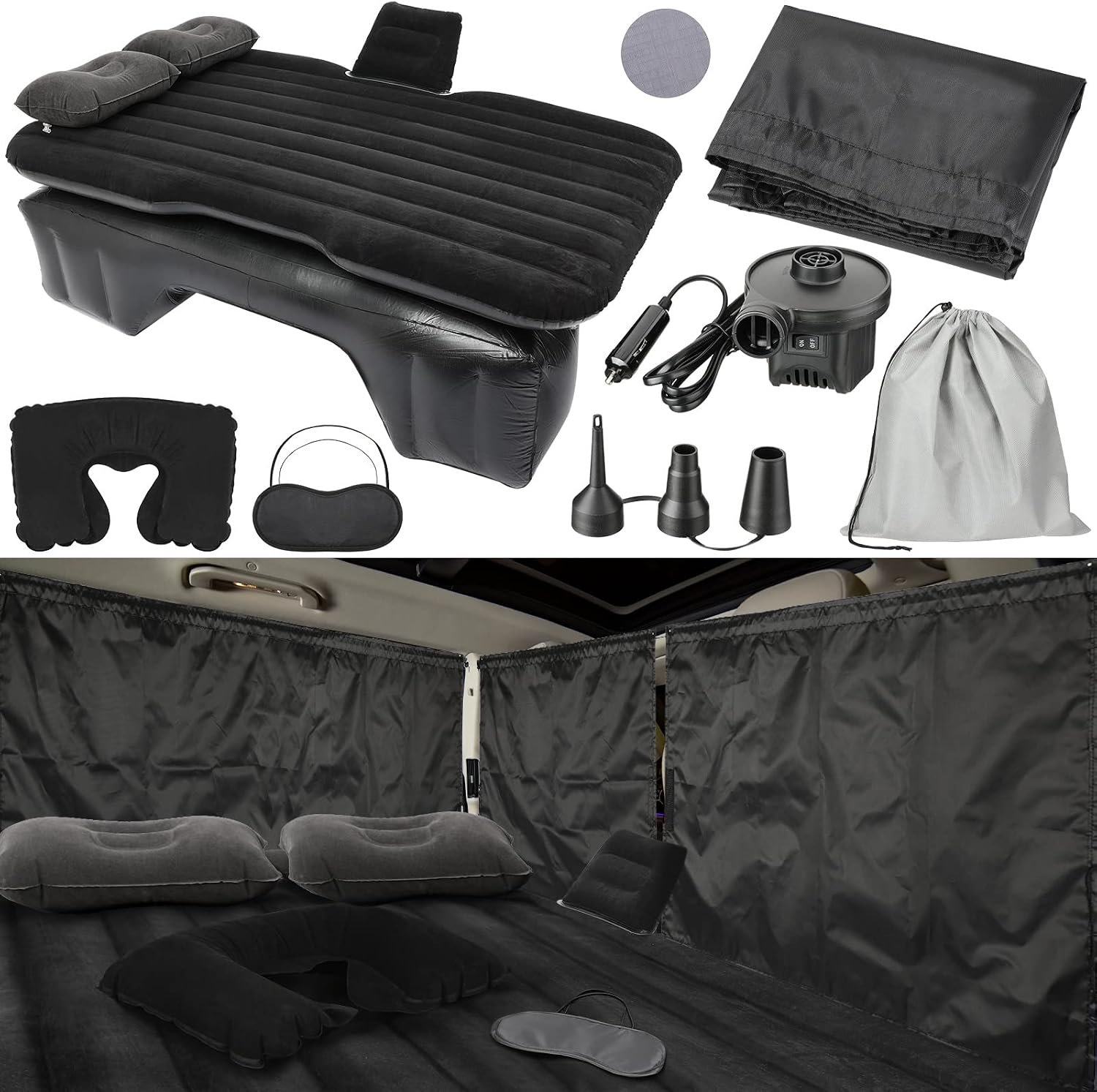 Tallew 12 Pcs Car Air Mattress Back Seat Inflatable Bed, 52 x 31.8 in Thickened PVC Flocking Leak Resistant Air Bed for SUV Truck Car Camping with Window Shade Curtain Portable Travel Sleeping Set