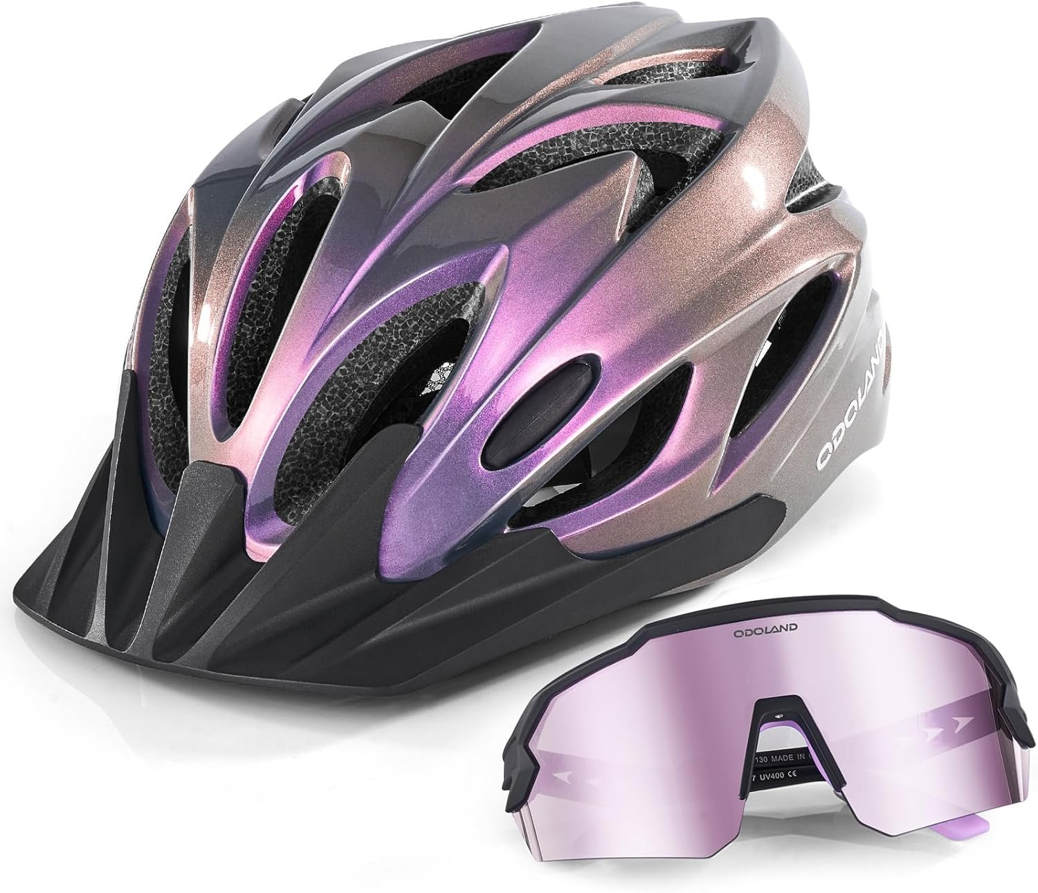 Odoland Adult Bike Helmet and Cycling Sunglasses Set for Men & Women, Safety Certified Bicycle Helmet with UV Protection Glasses for Mountain, Skating, Road, City Commuting & Outdoor Riding