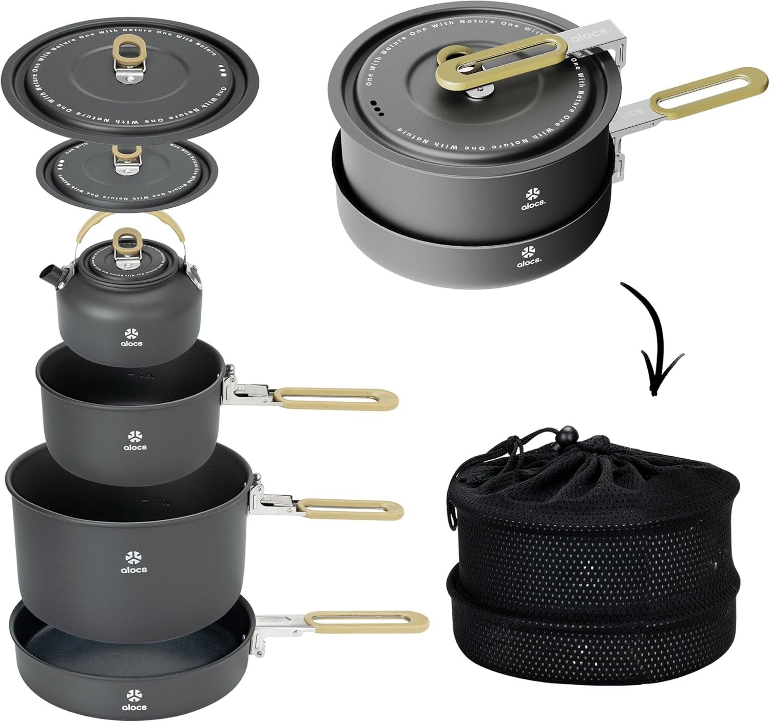 Alocs Camping Cookware Set – Lightweight Camping Pots and Pans – Portable Outdoor Cookware with Kettle – Camping Cookware Mess Kit for 2