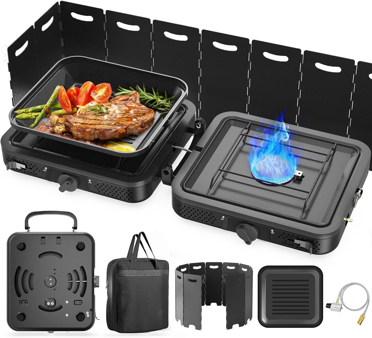 2 Burner Portable Camping Stove Propane, Folding Propane Stove for Camping, Camp Stove with 17,000 BTU,Two Adjustable Burners Gas Camping Stove with Carrying Bag for Outdoor Cooking,BBQ