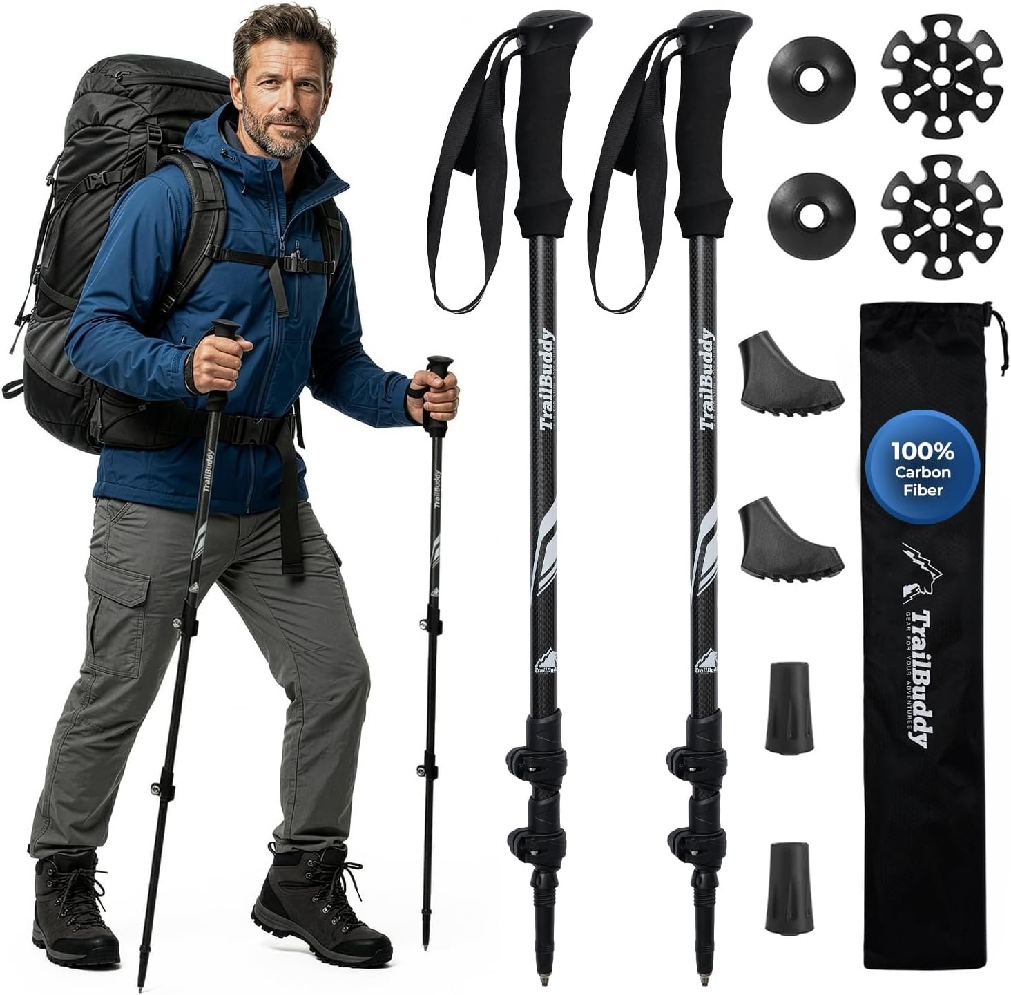 TrailBuddy 3K Carbon Fiber Hiking Poles – Collapsible Lightweight Trekking Poles for Hiking – Adjustable Walking Sticks for Women, Men, Seniors with All-Terrain Tips, Baskets & EVA Grips