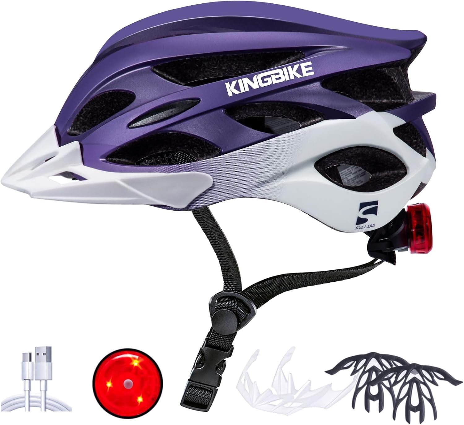 KINGBIKE Bike Helmet for Adult Men Women Youth Road Commute Mountain Cycling Helmets with USB Rechargeable Light Replaceable Padding and Visors Lightweight 20.4-23.6in