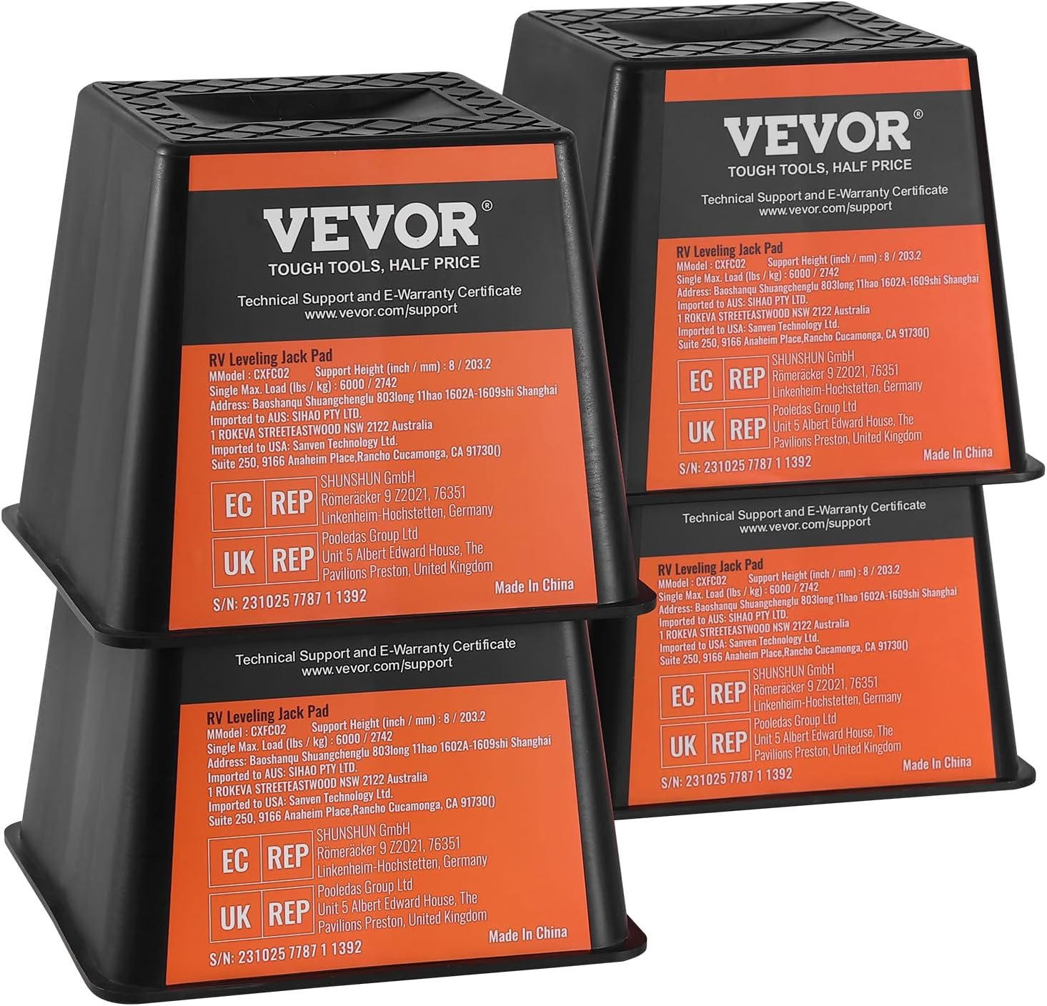 VEVOR Trailer Jack Block, 6000 lbs Capacity per RV Leveling Block, Polypropylene RV Camper Stabilizer Blocks, RV Travel Accessories Use for Any Tongue Jack, Post, Foot, 5th Wheels, 4-Pack