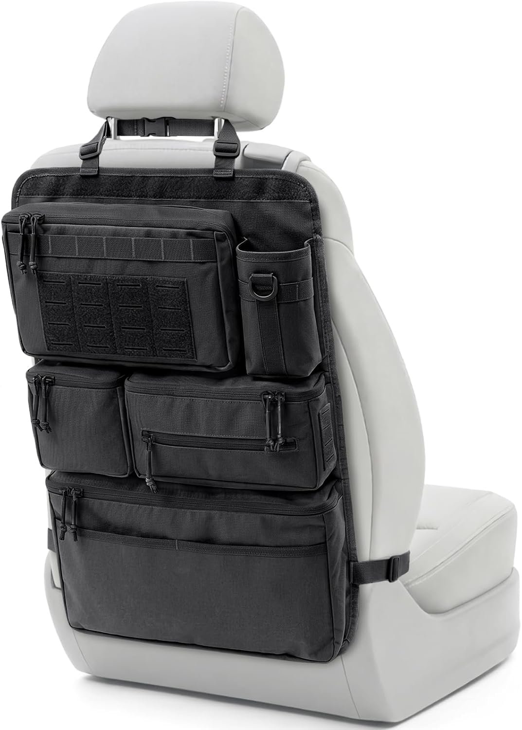 All in One Car Seat Back Organizer, Heavy Duty Molle Panel Seat Back Protector with Multi-Pockets Storage for Tools, Camping, Travel, Fit Most Cars SUV Trucks Jeeps Pickups