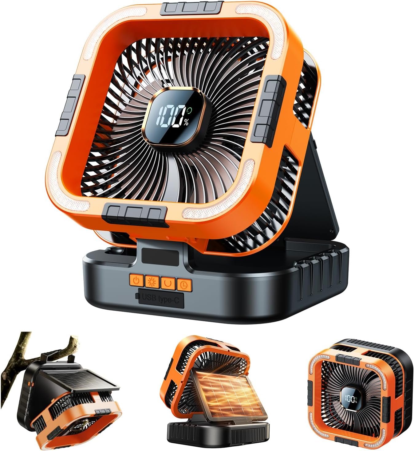 KIMMOO Solar Camping Fan with Light-10000mAh Rechargeable Portable, 6 Speeds, Digital Display, Timer, 120° Oscillation, Cordless Battery Powered Fan for Home Outdoor Tent Travel BBQ Fishing (Orange)