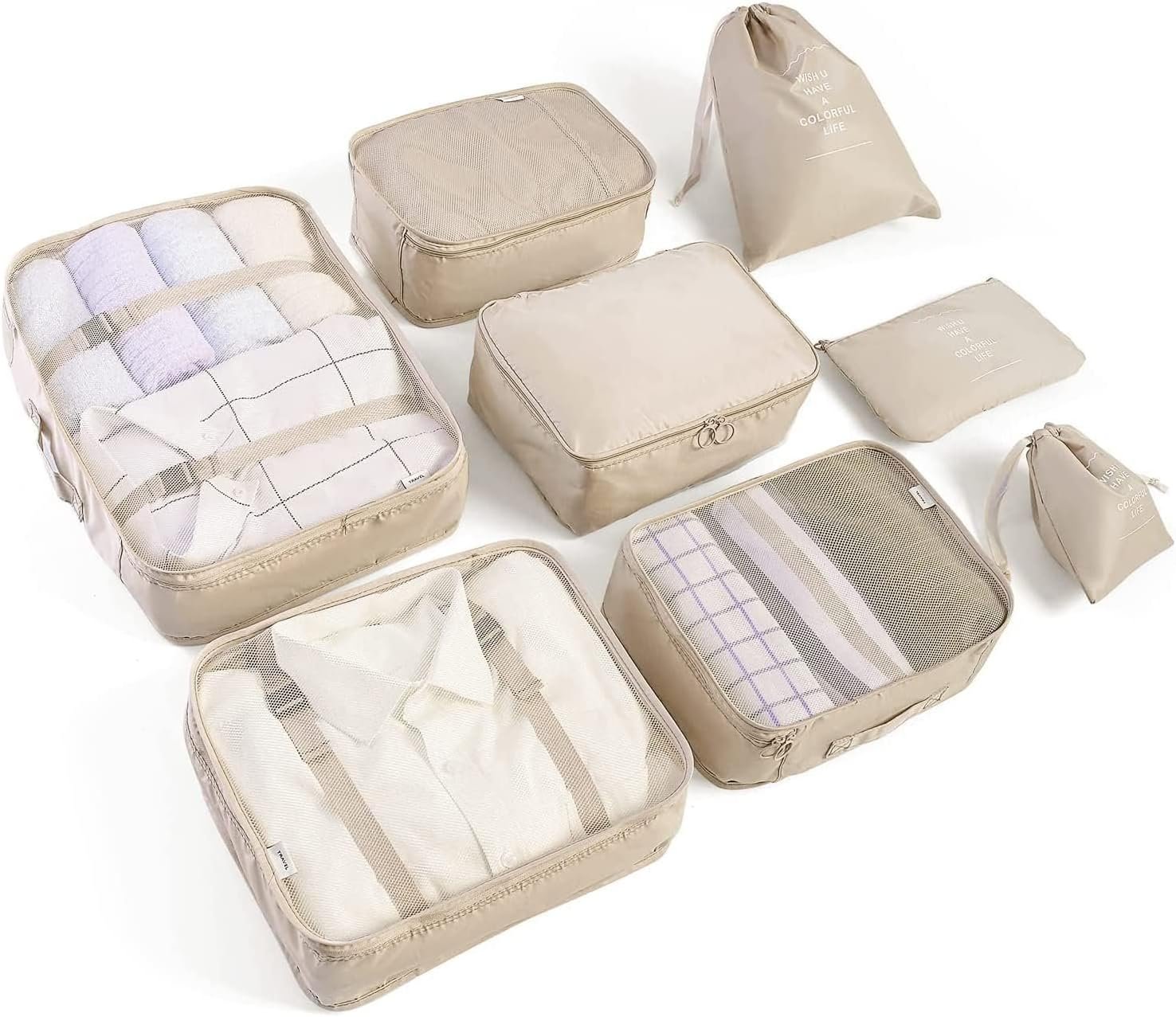 LANSKLBD 6/8 Set Packing Cubes for Suitcases Travel Luggage Packing Organizers,Travel Accessories Essentials Luggage Organizer with Shoe/Tioletry/Laundry Bag (Beige, 8 set)