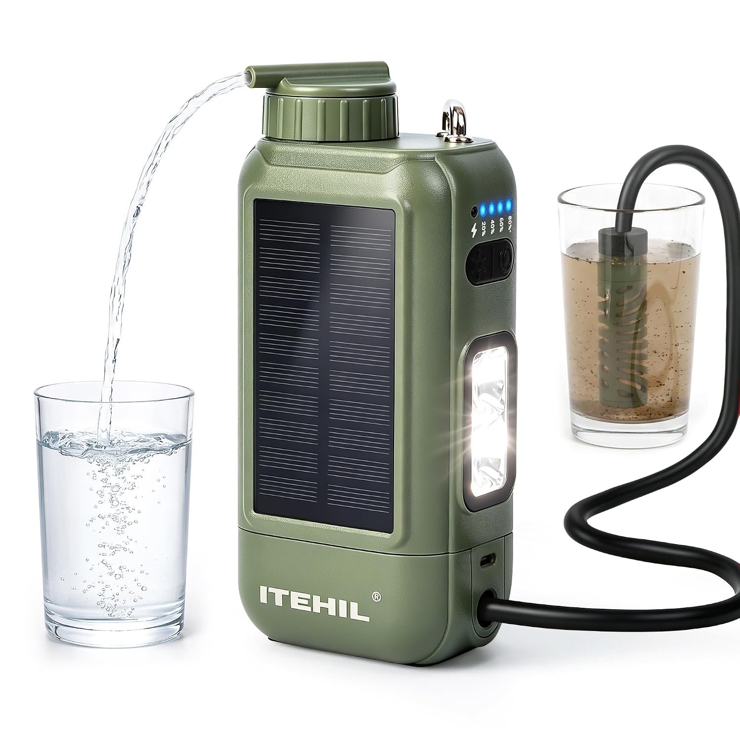 ITEHIL Portable Electric Water Filter, 0.01 Micron Camping Water Purifier with Solar, Outdoor Water Purification System for Camping, Hiking, Emergency & Survival