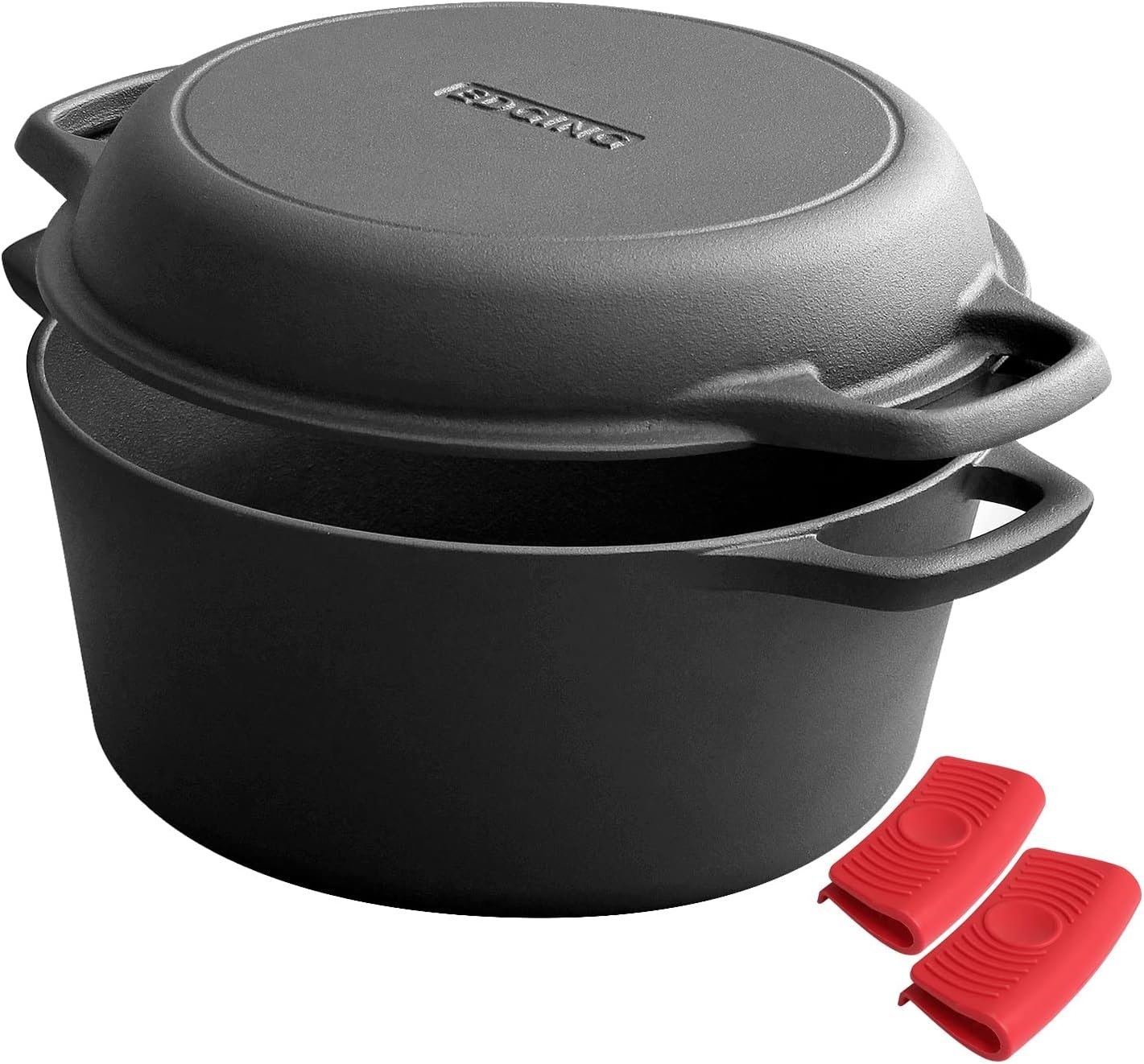 EDGING CASTING 2-in-1 Pre-Seasoned Cast Iron Dutch Oven Pot with Skillet Lid Cooking Pan, Cast Iron Skillet Cookware Pan Set with Dual Handles, Indoor Outdoor for Bread/Frying/Baking/Camping/BBQ, 5 Qt