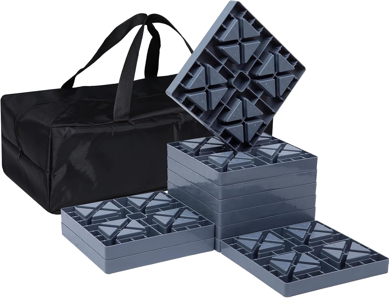 Heavy Duty RV Leveling Blocks 10 Pack, Interlocking Camper Levelers with Non-Slip Surface, Stackable Jack Pads for RV, Trailer & Camper, Includes Carry Storage Bag, Gray