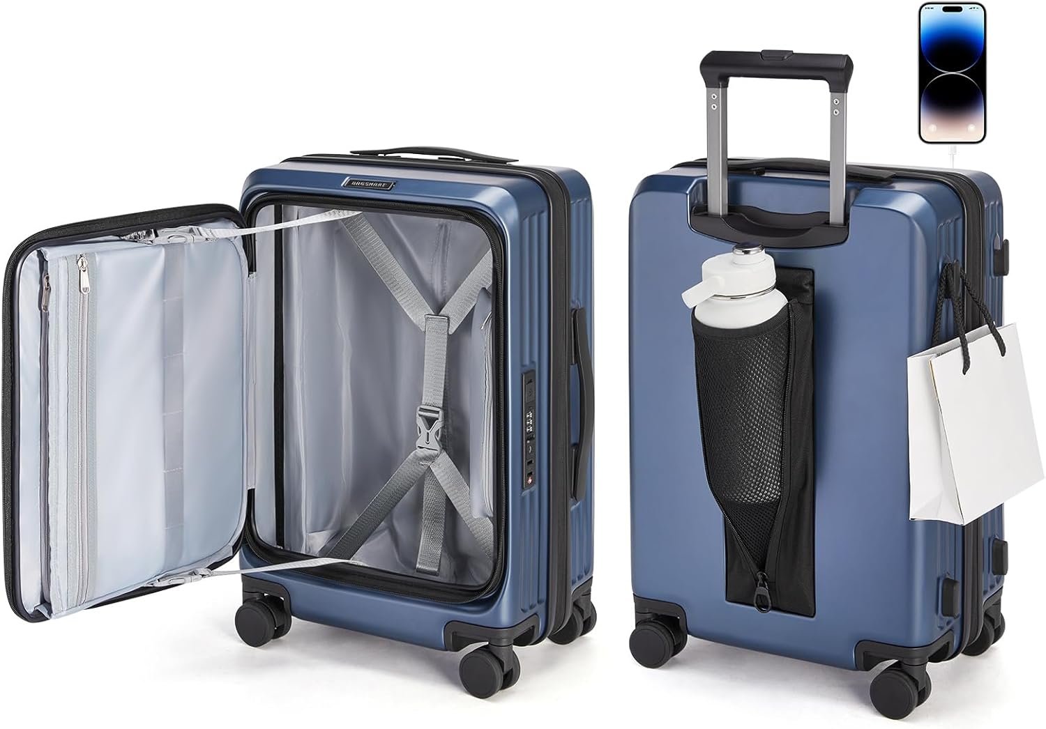 BAGSMART Top Opening Carry On Luggage 22x14x9 Airline Approved with TSA Lock, Expandable 20 Inch Deep Compartment Hard Shell Suitcases with Double Spinner Wheels, Blue