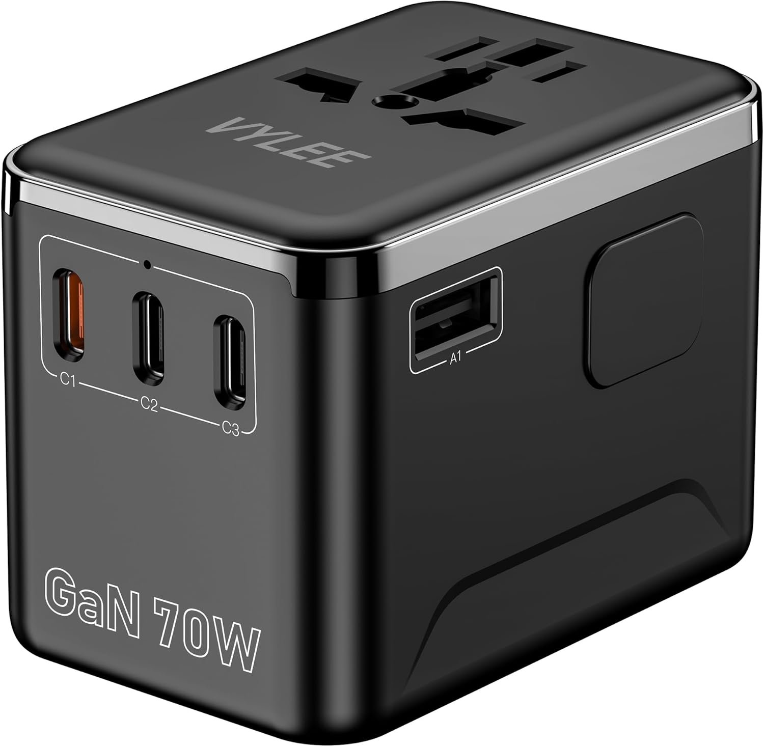 VYLEE 70W GaN International Travel Adapter, Universal Power Adapter with 3 USB-C (PD 70W) & 1 USB-A Ports, Worldwide Wall Charger for US to Europe, UK, Ireland, AU, Asia, Works in 200+ Countries