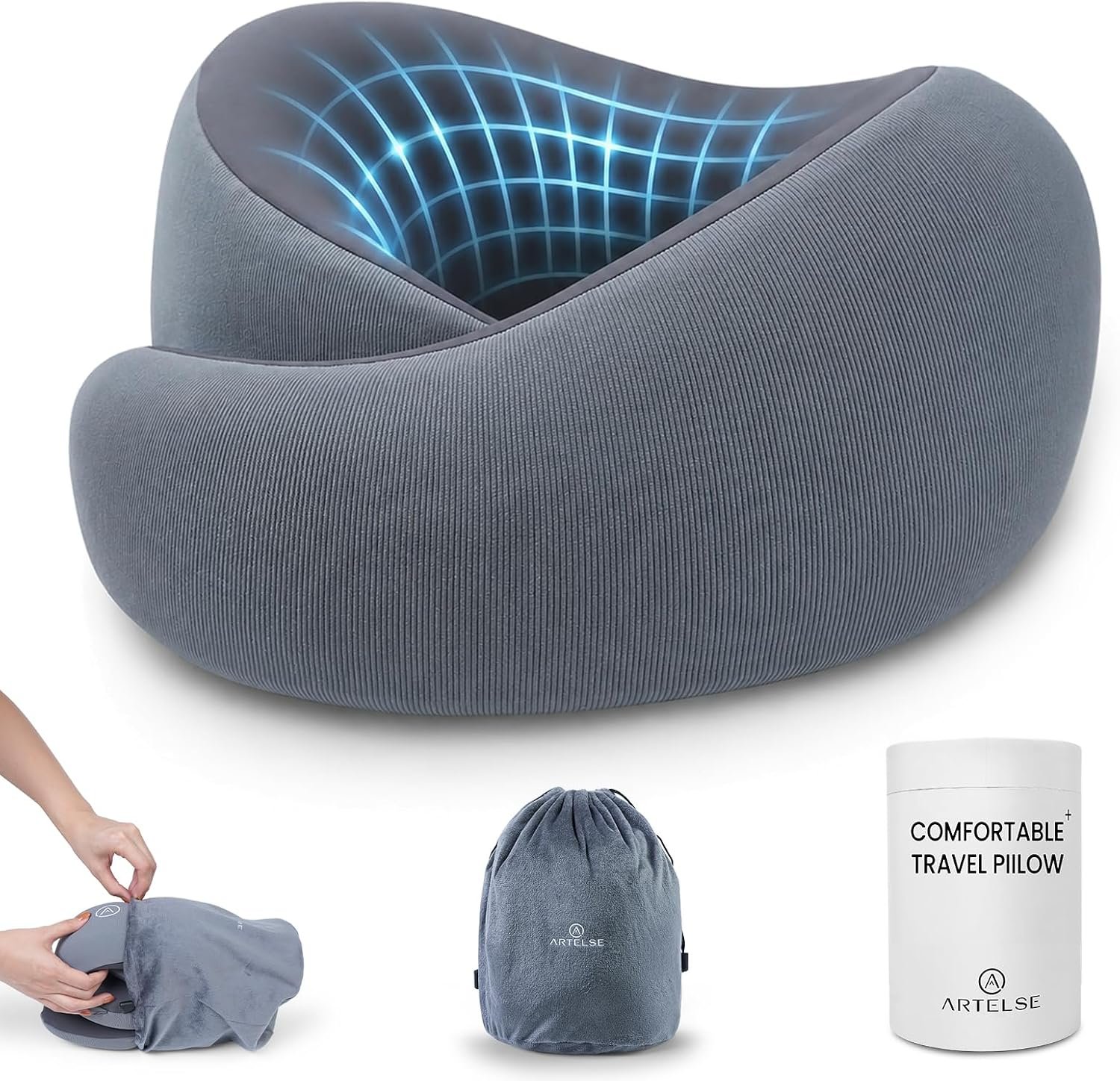 Travel Pillow for Airplane – Memory Foam Neck Travel Pillow with 360° Chin & Neck Support, Dual Raised Sides, Washable Breathable Cover, Compact Travel Bag for Long Flights, Car, Train, Sleeping