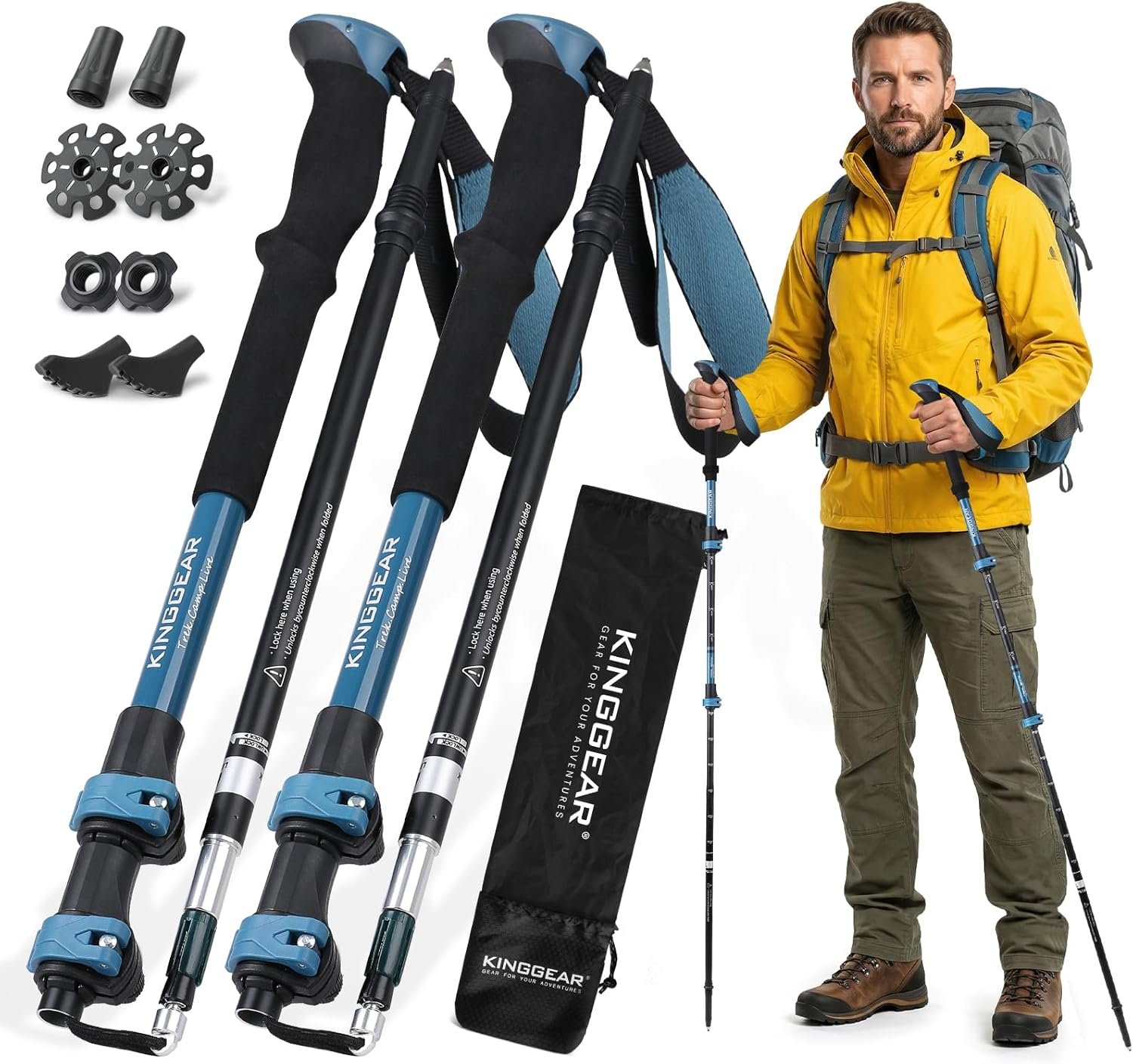 KINGGEAR TR-Z Collapsible Trekking Poles, 7075 Aircraft Aluminum Lightweight Adjustable Hiking Sticks with EVA Grip, Flip Lock & Decompression Strap, 2-Pack Walking Sticks for Men Women Hiking Gear
