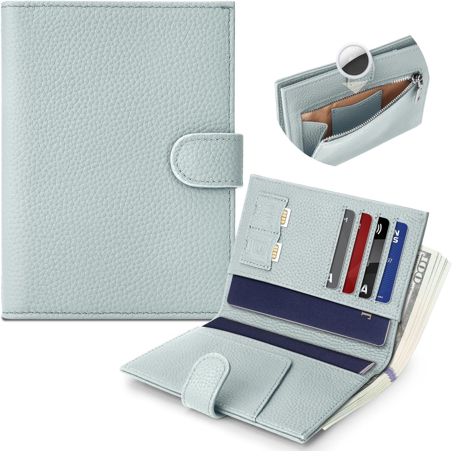 Genuine Leather Passport Holder for Women Men, Hidden Airtag Pocket, RFID Blocking, Zippered Coins Pocket & Cash Compartment Travel Gifts Essentials Passport Cover Case – Blue