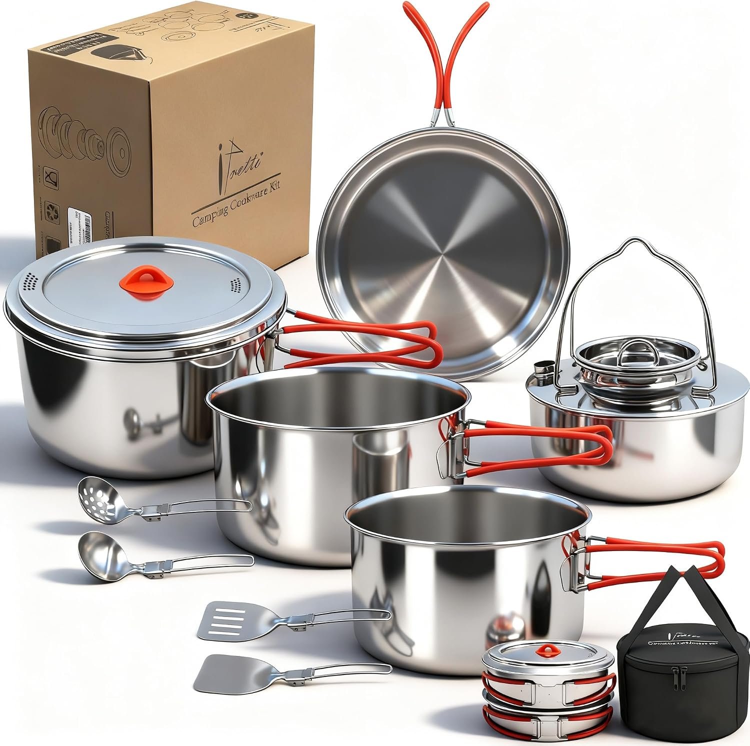 Portable 18/8 Stainless Steel Camping Cookware Set 11 Pcs – Nesting Design, Large Capacity Pots and pan with Kettle, Compact for Picnic & Family Outdoor Cooking (4-8 People) with Carry Bag