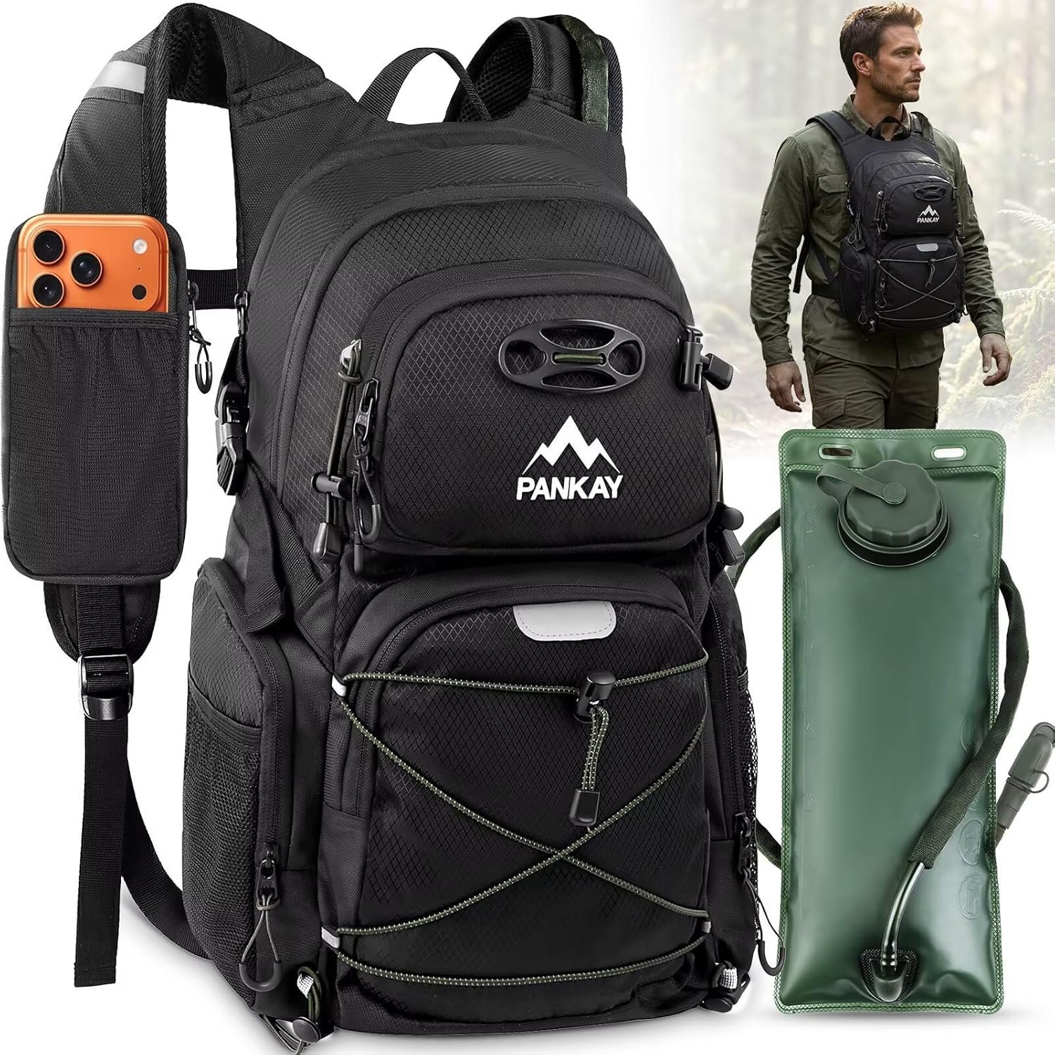 Pankay 25L Hydration Backpack Hiking, Hiking Backpack with Water Bladder, Detachable Phone Pouch & Helmet Holder, Lightweight Water Backpack for Men Women Hiking Biking Running Camping Travel