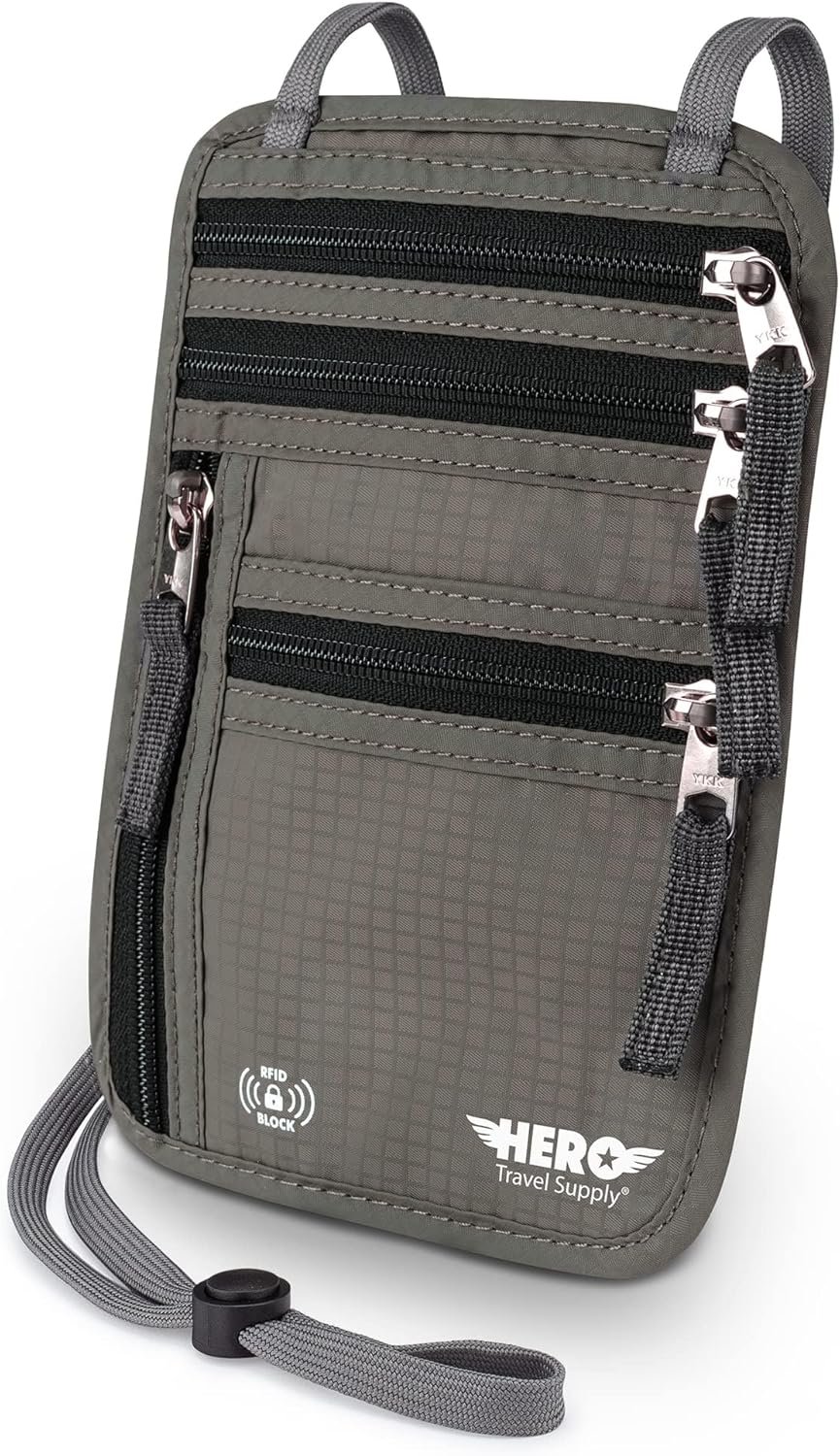 HERO Neck Wallet – RFID Blocking Passport Holder, Easy to Conceal Travel Pouch (Army Grey)