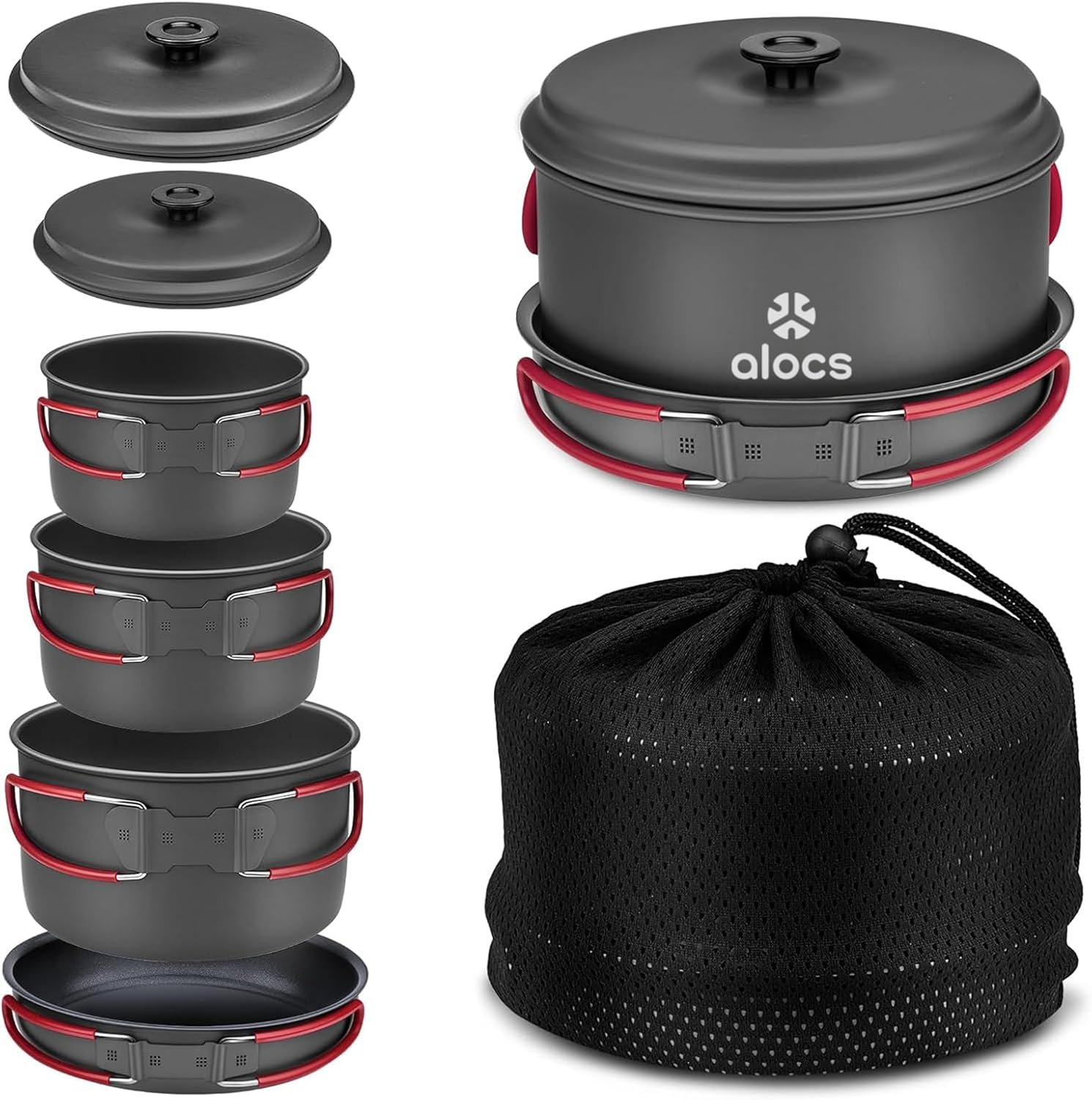 Alocs Camping Cookware Set Camping Gear, Compact Camping Pots and Pans Set, Durable Hard Alumina Camping Cooking Set for Outdoor Backpacking Camping Hiking Picnic, Included Mesh Carry Bag