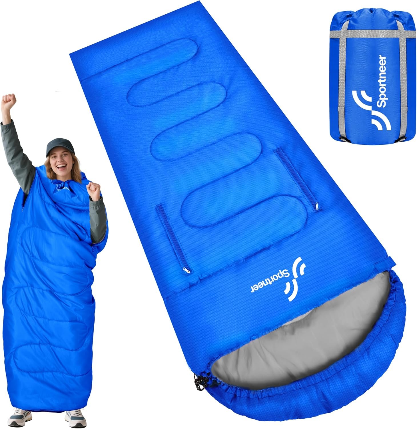 Sportneer Wearable Sleeping Bag for Adults & Kids – Walkable with Arm Zippers, Warm Weather & Cold Waterproof, Compact for Camping, Stadiums, Travel, Backpacking & Car Use