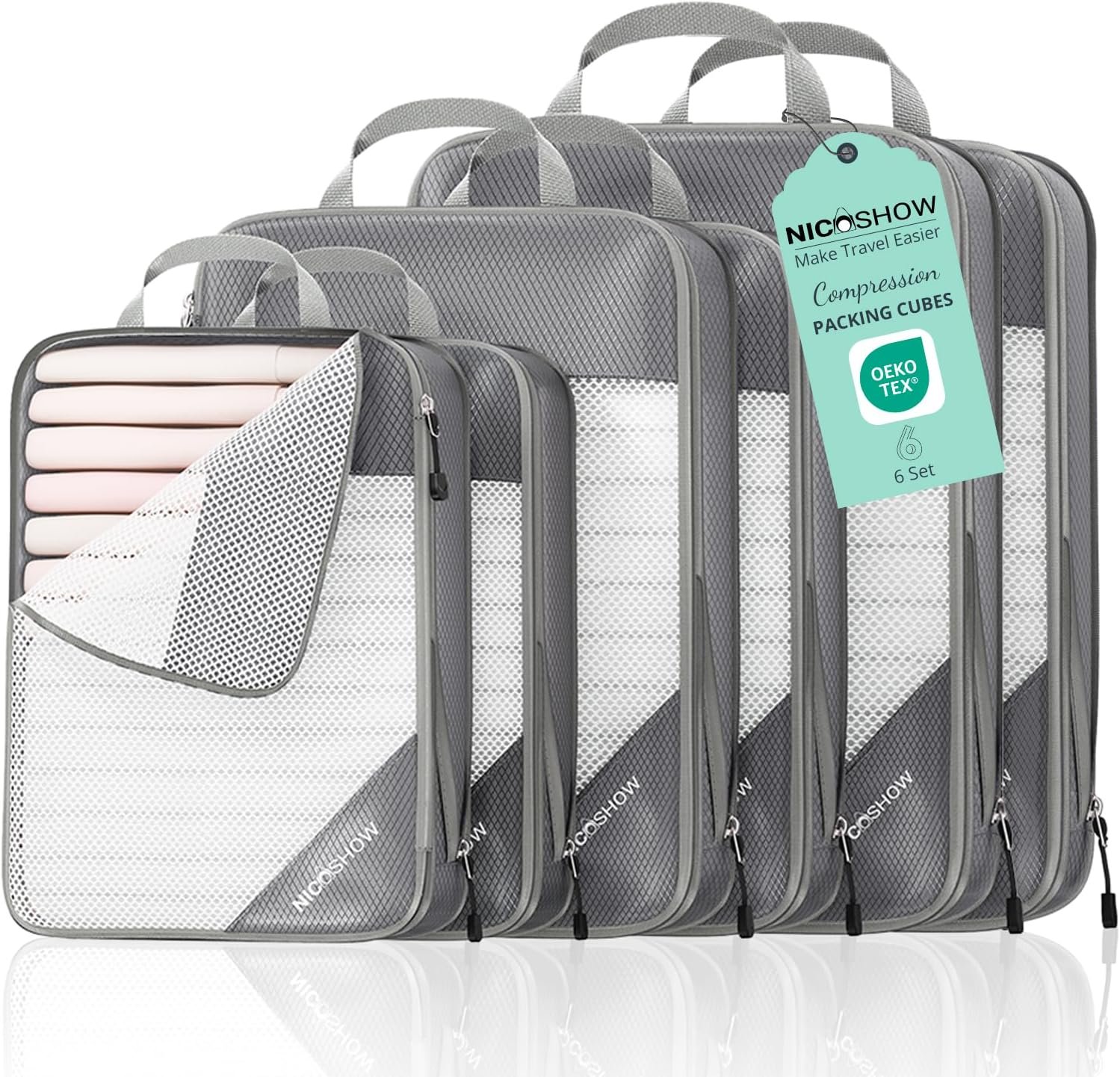 NICOSHOW 6 Set Compression Packing Cubes for Travel – Compressible, Lightweight, and Space-Saving Packing Cubes, Travel Essentials for Women, Grey