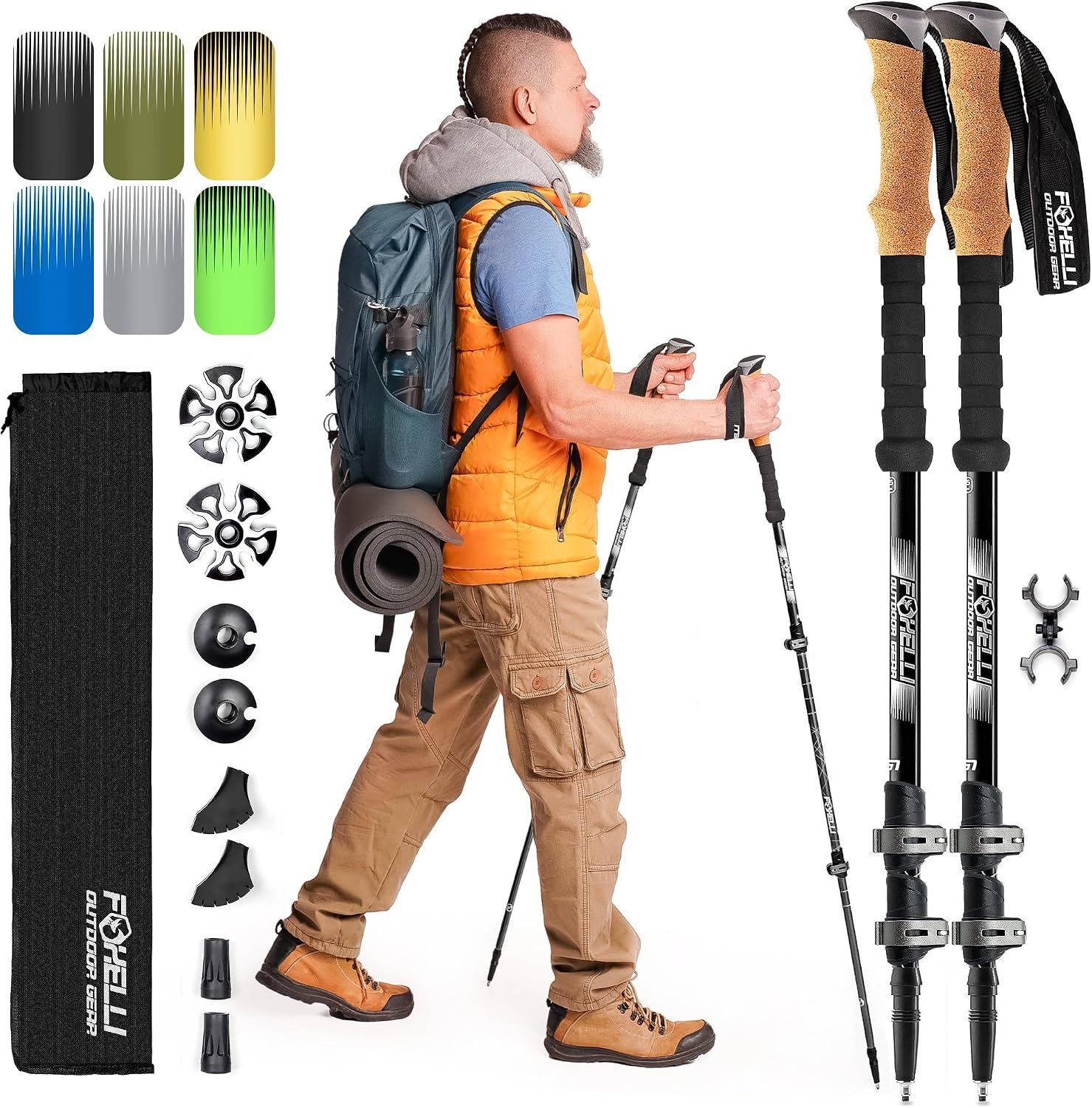 Foxelli Trekking Poles – Lightweight Collapsible Aircraft Grade Aluminum Hiking Poles with Cork Grips Quick Locks & All-Terrain Accessories – Pair of 2