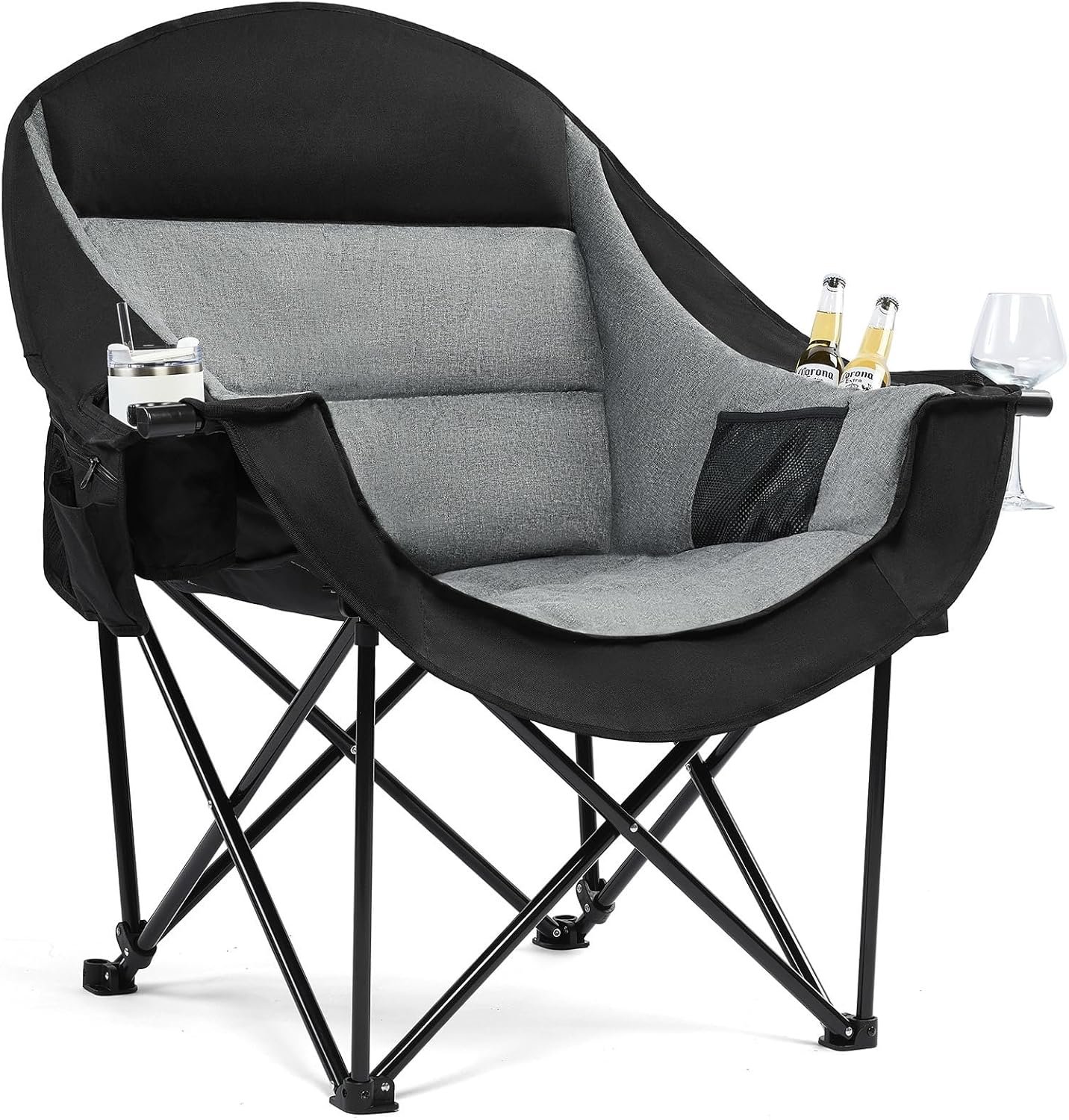 Oversized Camping Chairs for Adults – Heavy Duty Padded Outdoor Folding Lawn XL Camp Chair with Cup Holder Cooler Pockets for Outside Sports Beach Fishing Garden Portable Supports 500lbs, Black