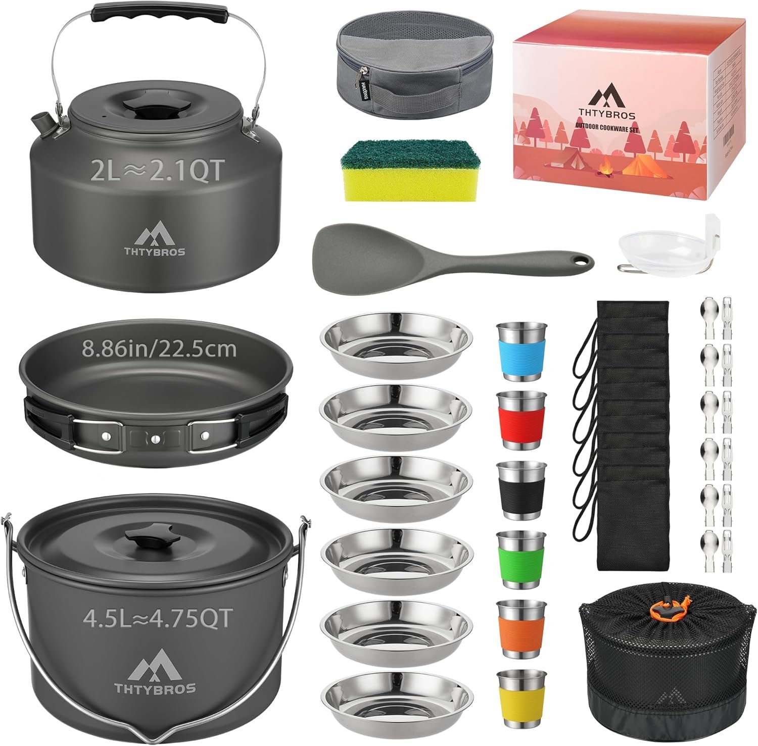 THTYBROS 43-Piece Camping Cookware Set,Large Mess Kit for 6 Persons,with 4.75QT Pot,2.1QT Kettle,Frying Pan,Cups,Utensils and Tableware,Heavy Duty Aluminum Cook Set for Outdoor Camping,Hiking,Picnic