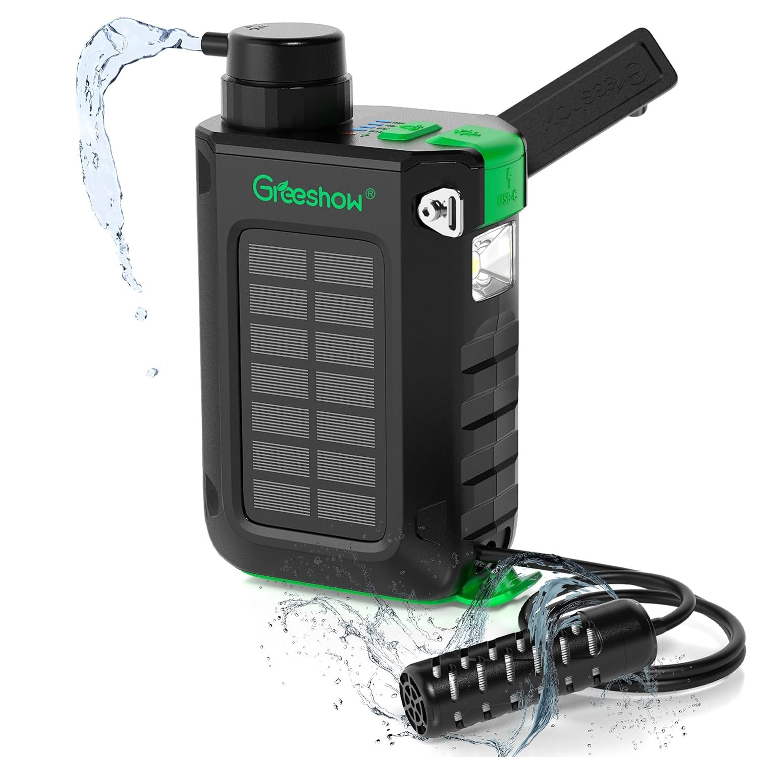 Greeshow Portable Electric Water Filter for Camping & Survival – 0.01 Micron Water Purification System with Solar, Hand Crank, USB-C Charge – Power Bank & LED Light for Backpacking Gear, Emergency Kit