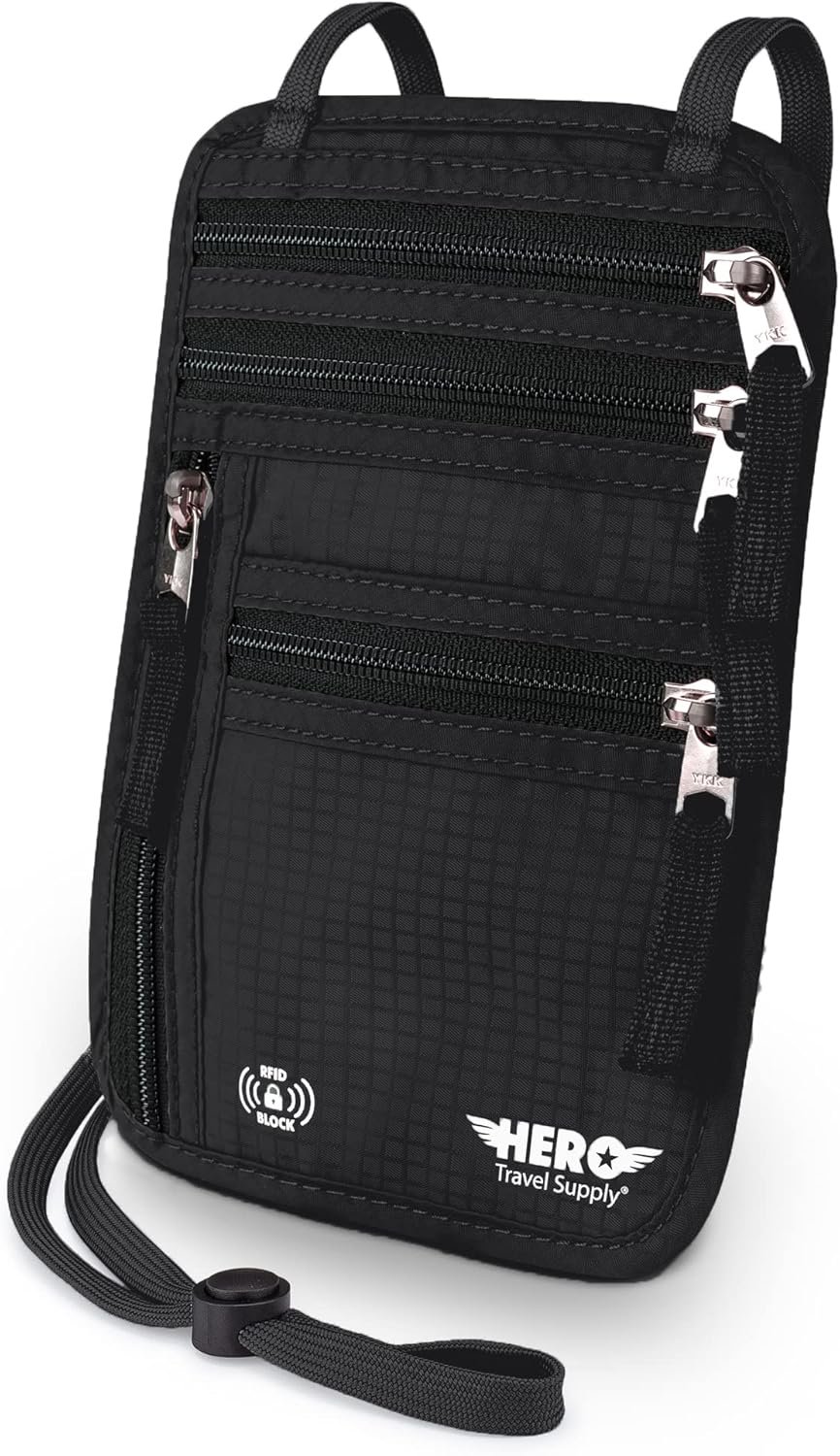 HERO Neck Wallet – RFID Blocking Passport Holder, Easy to Conceal Travel Pouch (Black)