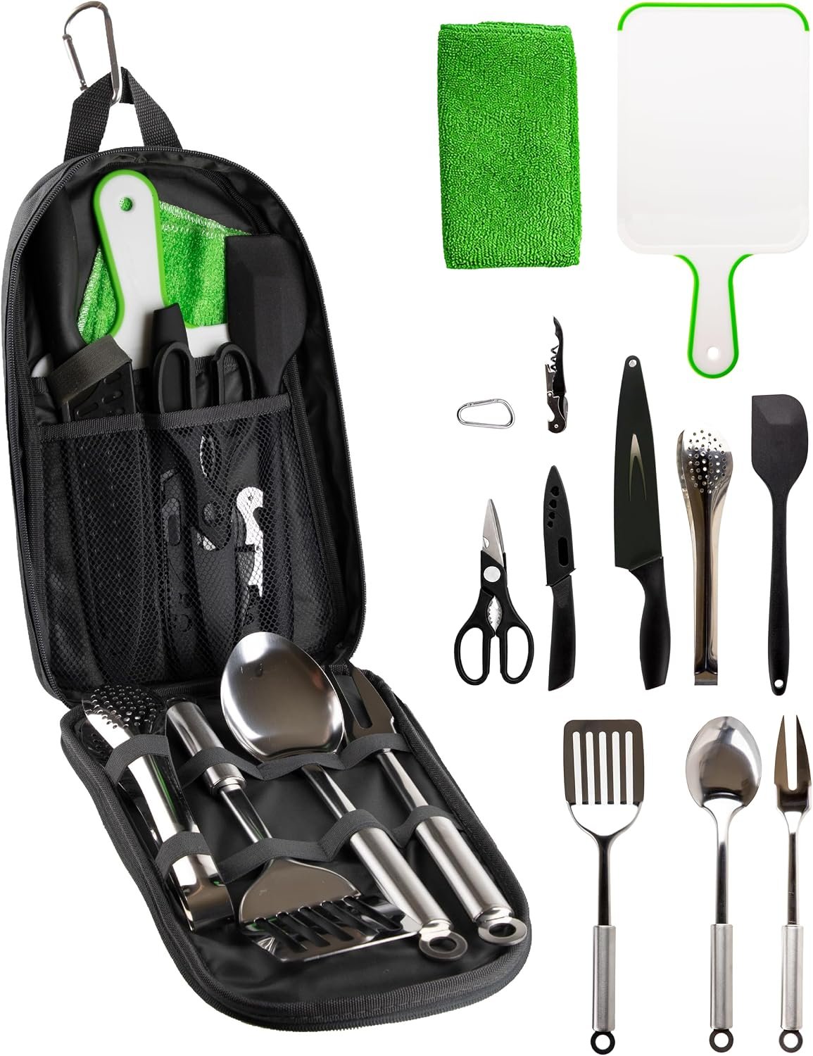 Life2Go 12 Piece Stainless Steel Camping Cooking Utensils Set, Portable Outdoor Kitchen Kit with Chef Knife, Tongs, Spatula, Scissors, Camp Cooking Gear with Carry Case for Hiking, BBQ & Travel, Gray