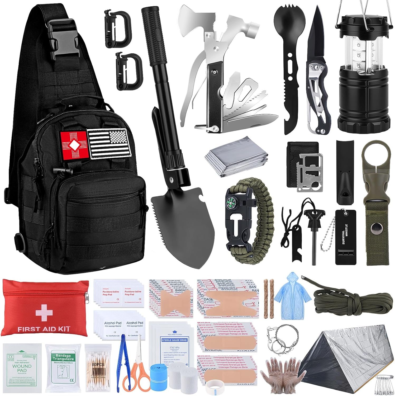 Survival Kit, Gifts for Fathers Day Men, Women, 251pcs Emergency Survival Gear and Supplies Equipment, First Aid Kit with Crossbody Bag, Camping Essentials for Earthquake, Hiking, Outdoor Adventure