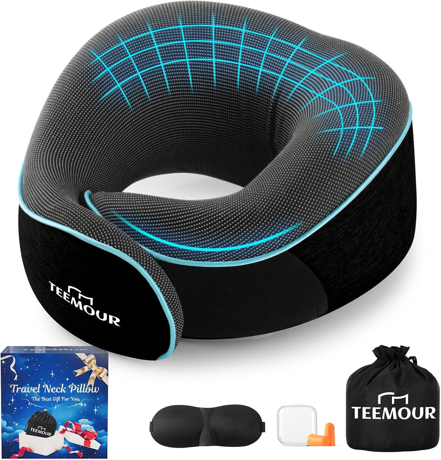 Travel Pillow Neck Pillow for Airplane Travel Essentials – Memory Foam Travel Neck Pillow, Stops Head Bobbing With Eye Mask & Earplugs, Portable Carry Bag for Long Flights| Airplane Accessories Black