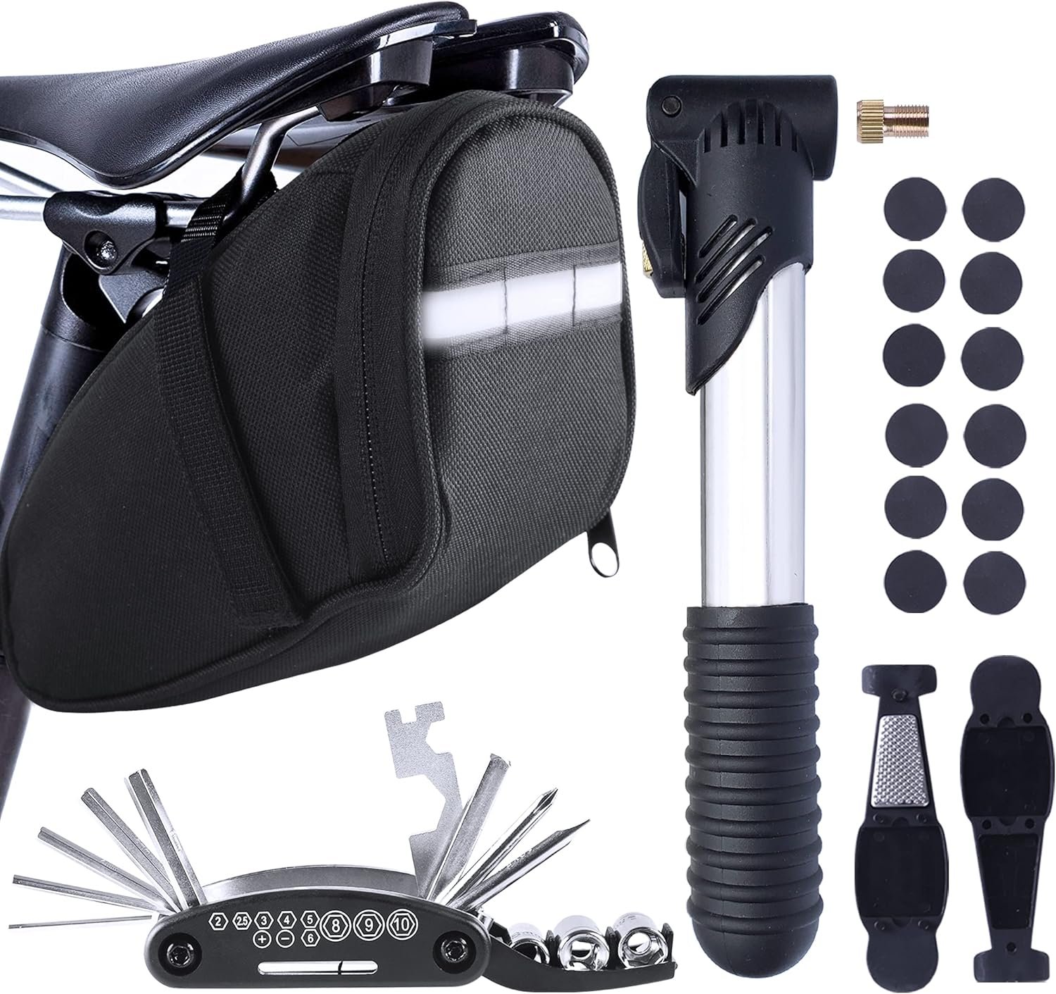 Bike Repair Kit, Saddle Bag with Tire Tool, Mini Pump, Multitool Bicycle Accessories Set for Adult Bikes Road Mountain MTB
