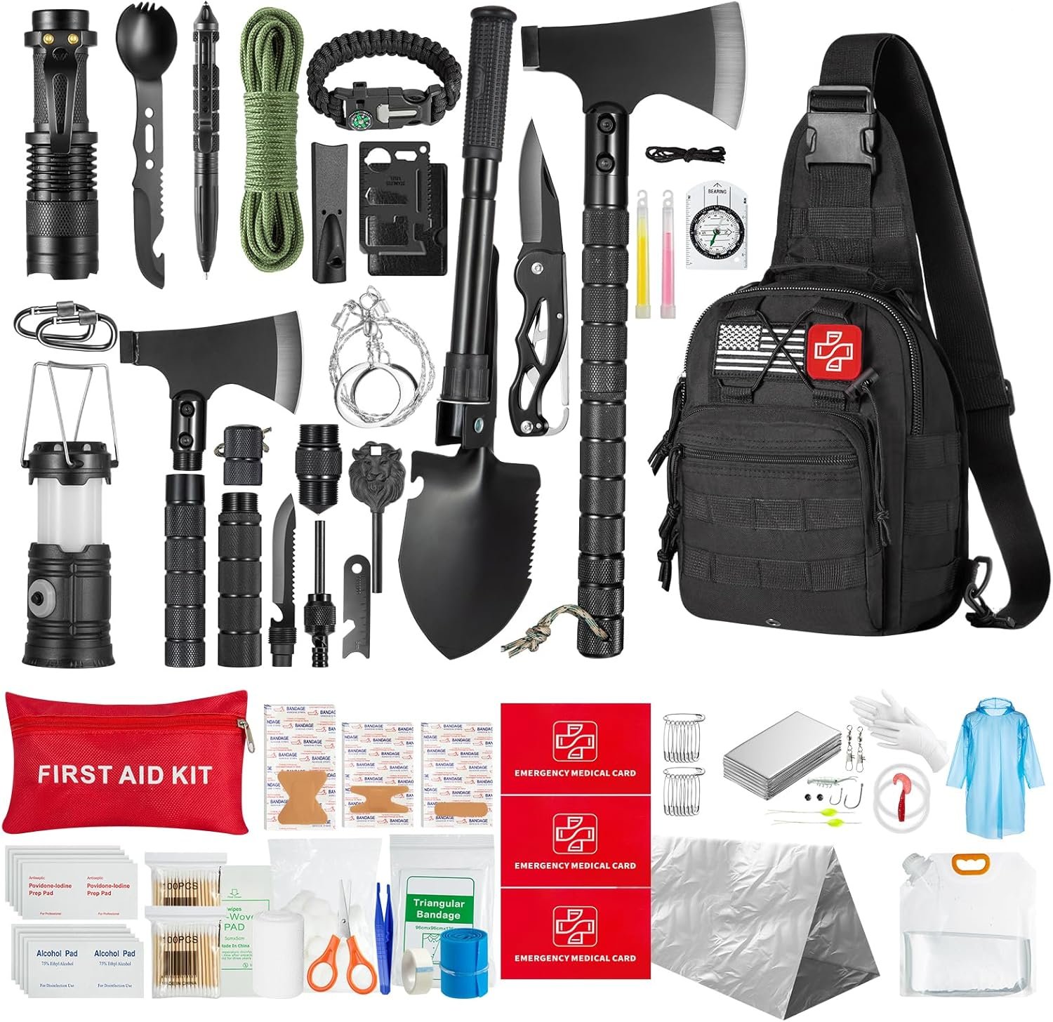 Survival Kit,360 Pcs Bug Out Bag with First Aid Kit.Camping Axe, Survival Shovel,Tools Ideal for Camping, Hiking
