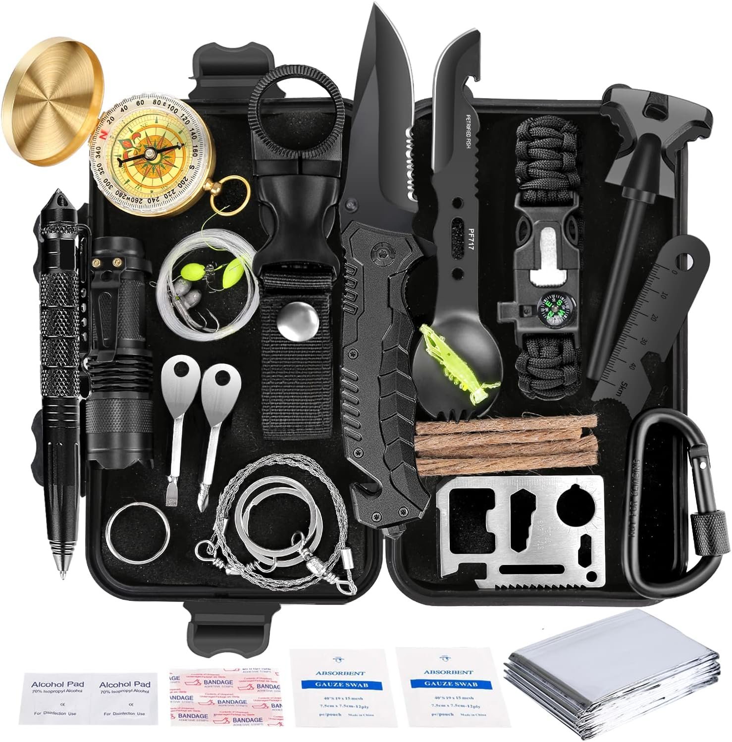 Angieast Survival Kit 35 in 1, First Aid Kit, Survival Gear, Survival Tool Gifts for Men Boyfriend Him Husband Fathers Day Camping, Hiking, Hunting, Fishing