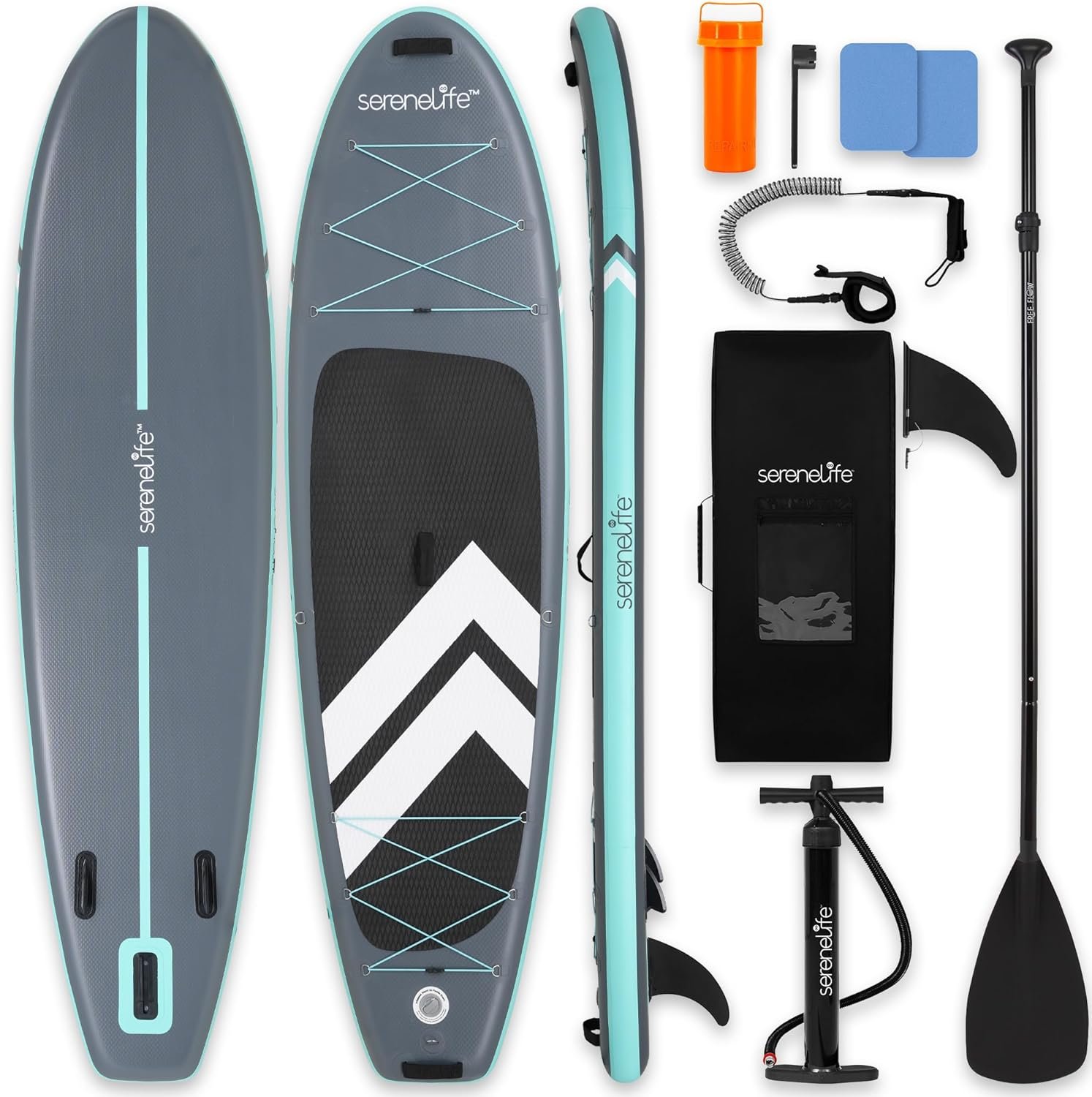 SereneLife 10’ Inflatable Stand Up Paddle Board with Premium SUP Accessories – Wide Stable Design with Non-Slip EVA Deck Pad, for Youth and Adults, 350 lbs. Capacity