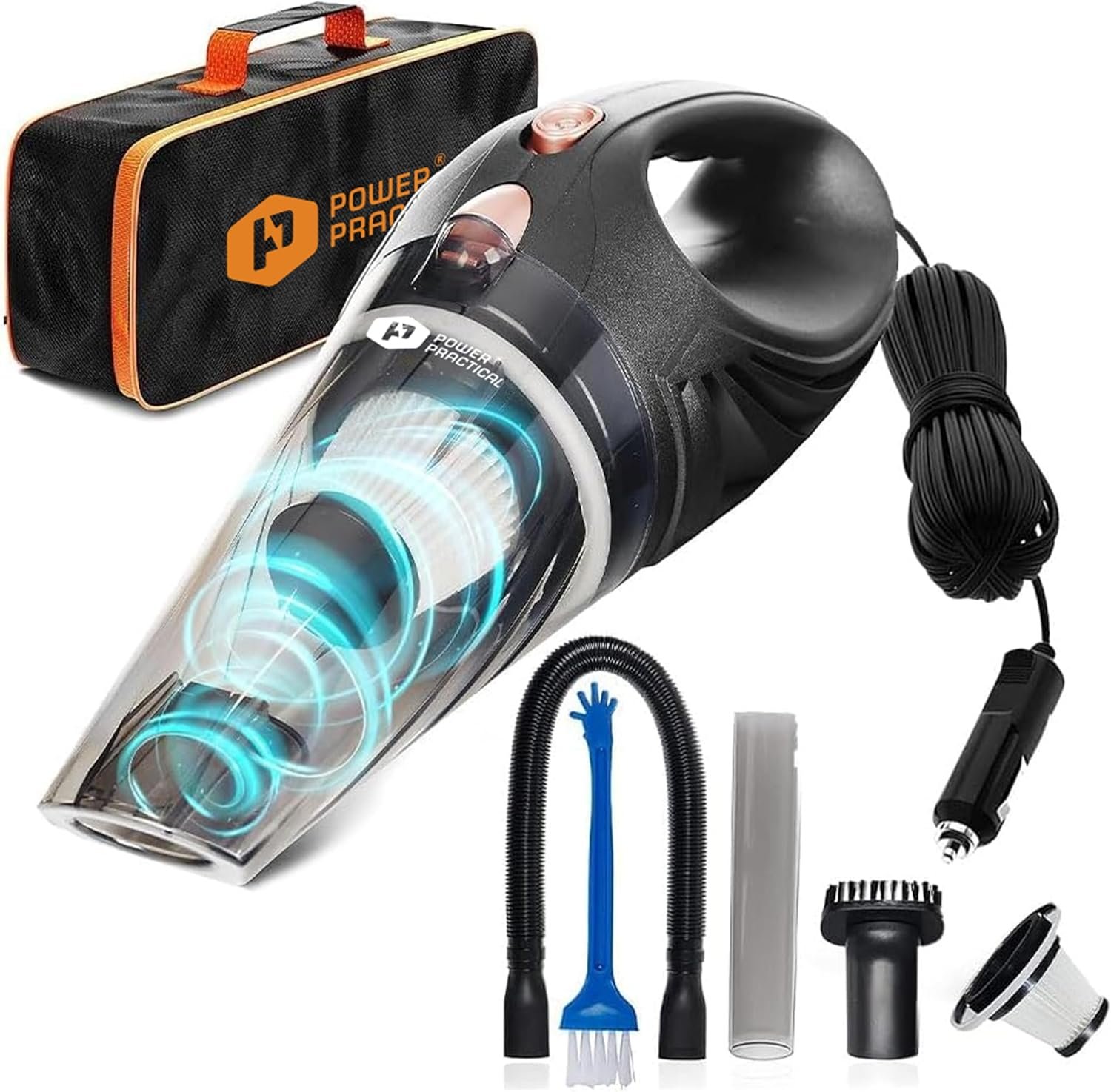 THISWORX Car Vacuum Cleaner – Portable, High Power, Handheld Vacuums w/ 3 Attachments, 16 Ft Cord & Bag – 12v, Auto Accessories Kit for Interior Detailing – Black