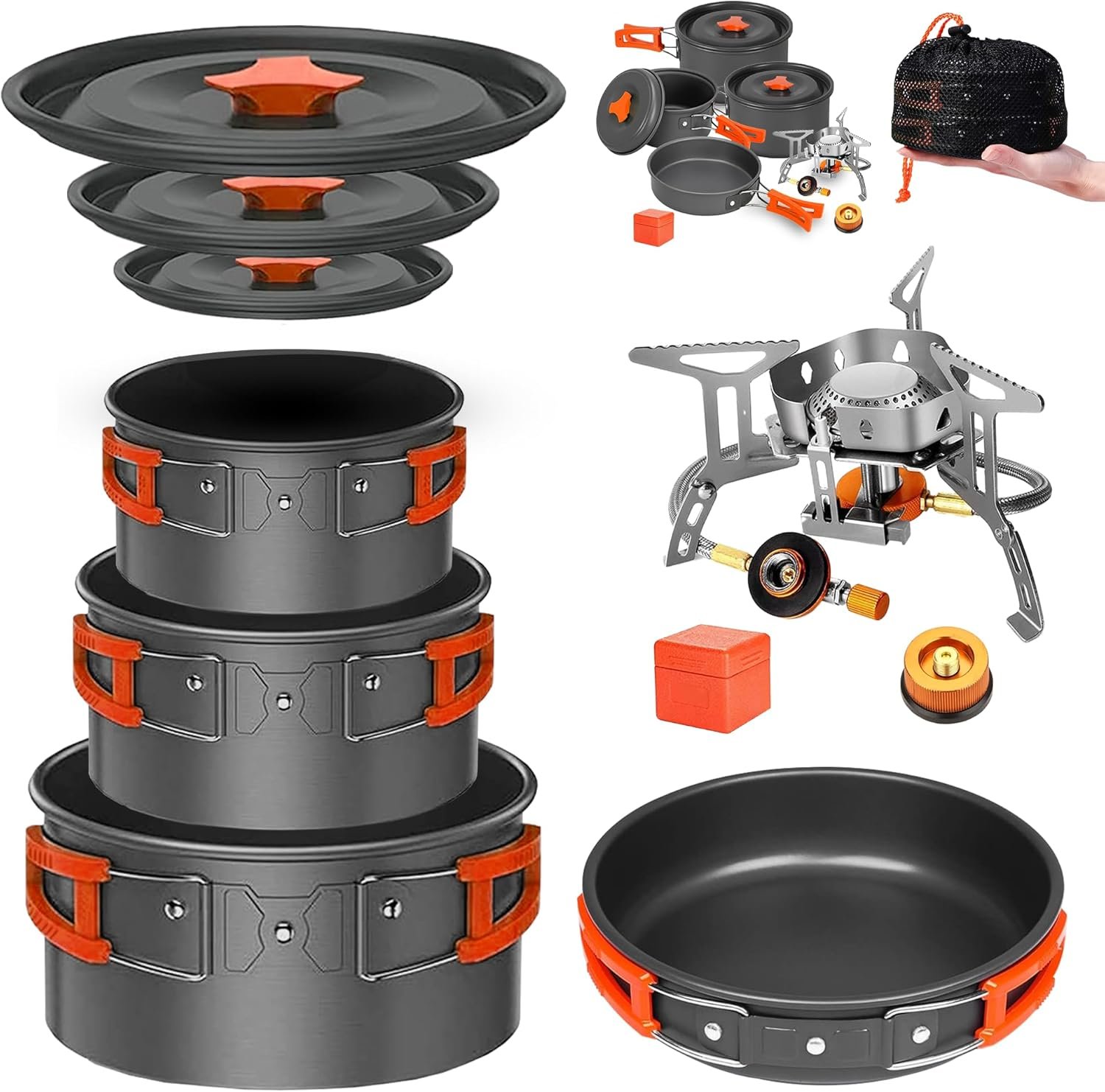 Smokey Camp Camping Cookware Mess Kit Set with Stove – Backpacking Camping Pots and Pans Set, All in One Non-Stick Camping Cooking Set, Portable Stove, Hiking, Picnic, Outdoor & Camping Cookware Set
