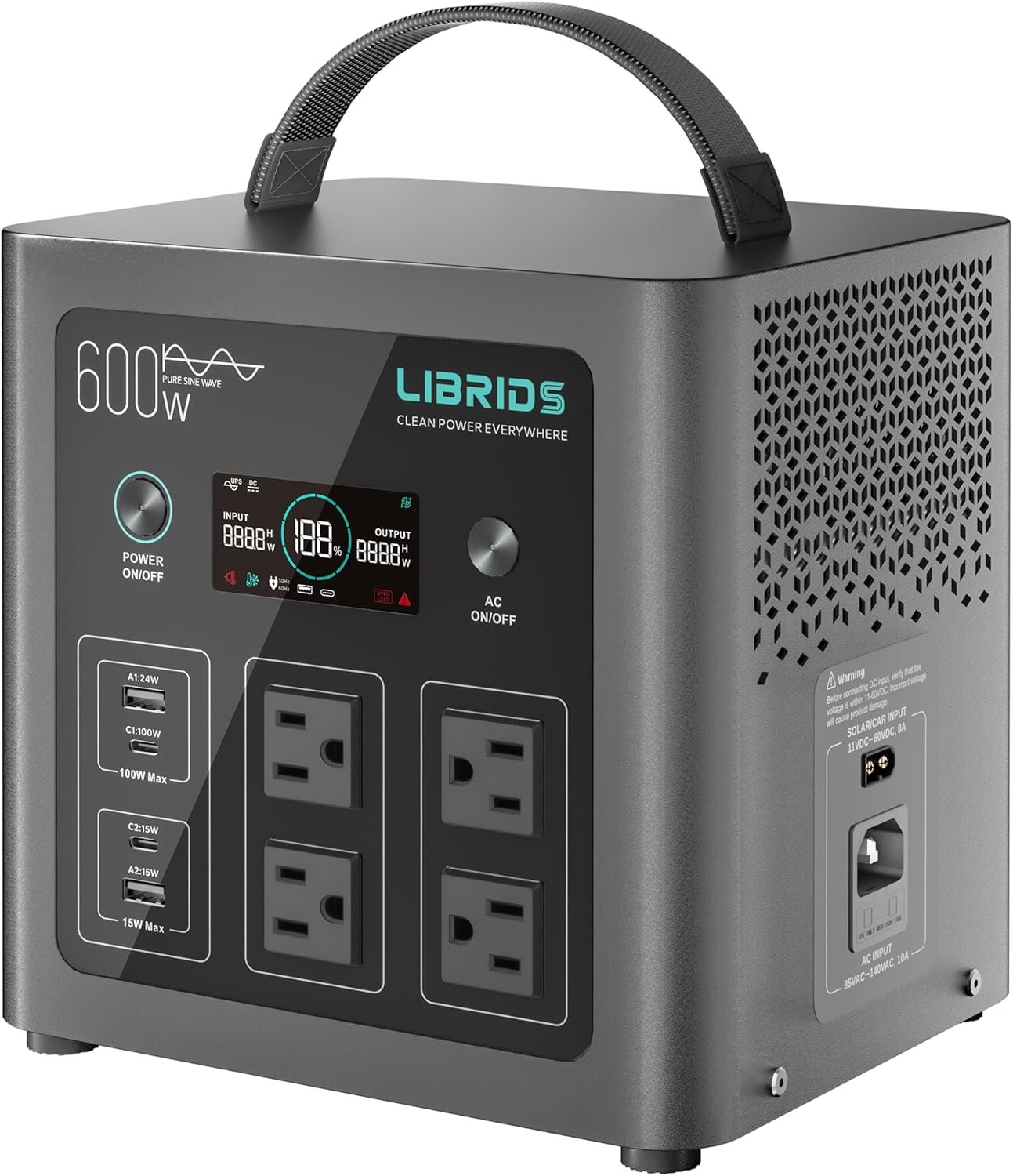 LIBRIDS Portable Power Station C600, 640Wh LiFePO4 Battery, 600W (Peak 1200W) Solar Generator, 1.5H Fast Charge, 10ms UPS, 8 Ports(4 AC) for Camping, Home Backup & Outages