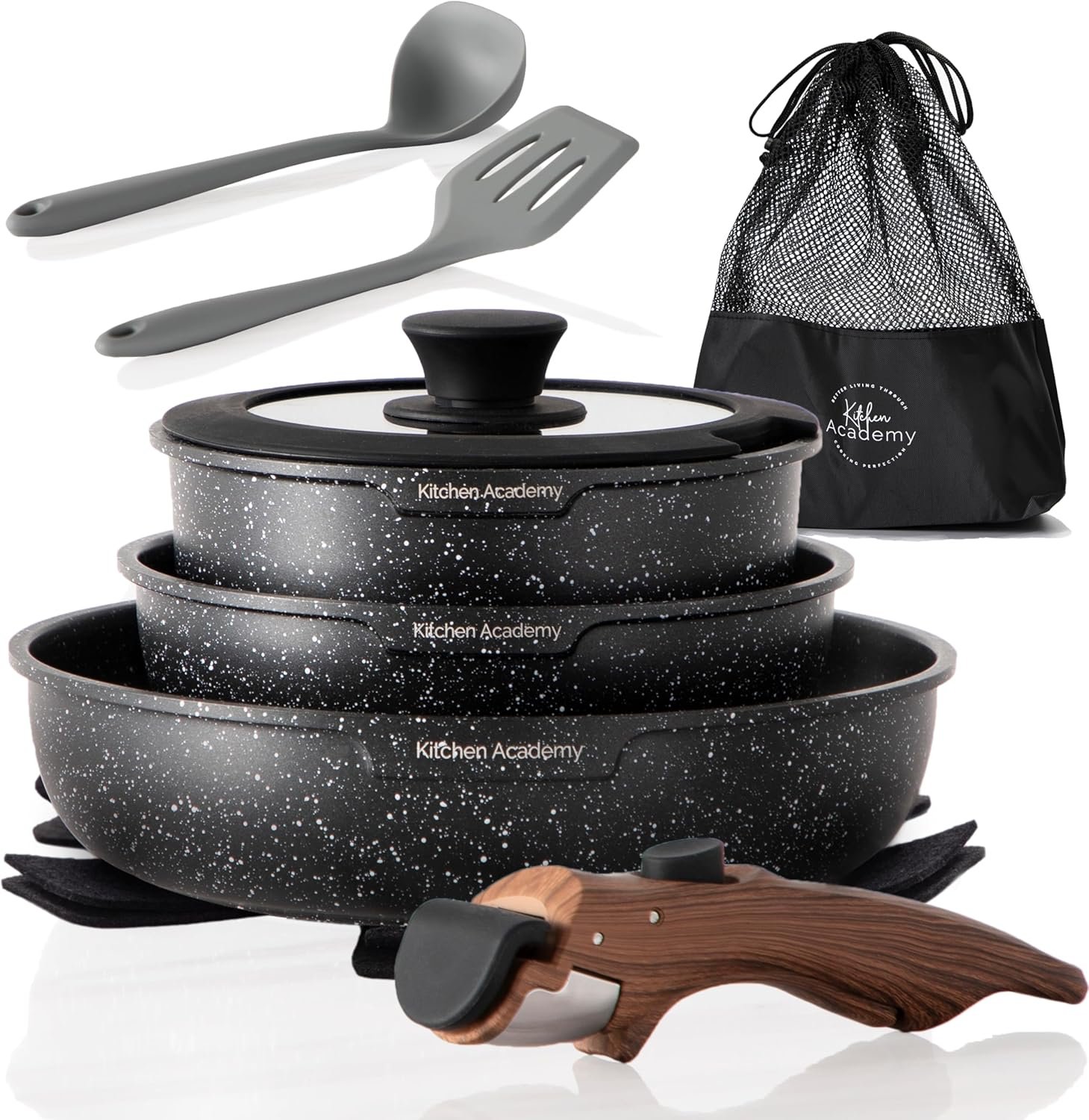 Kitchen Academy Removable Handle Induction Pots and Pans Set – 10 Piece Non-stick Cookware Sets, Black Granite Stackable RV Cookware for Camp