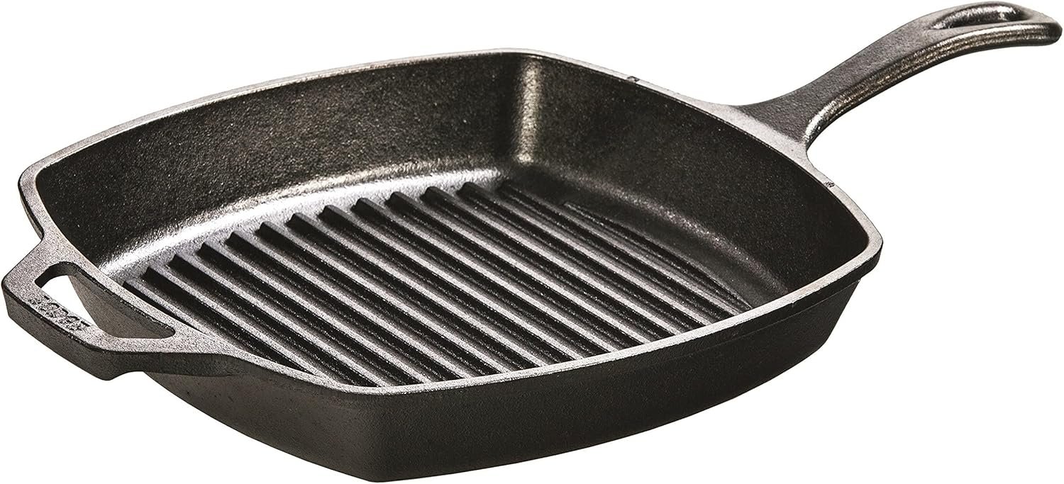 Lodge Square Cast Iron Grill Pan 10.5 Inches – Pre-Seasoned Square Skillet – Ridged Burger Grill Pan – Even Heat Distribution – PFAS-Free Non-Toxic Cookware | camping-cooking-utensils