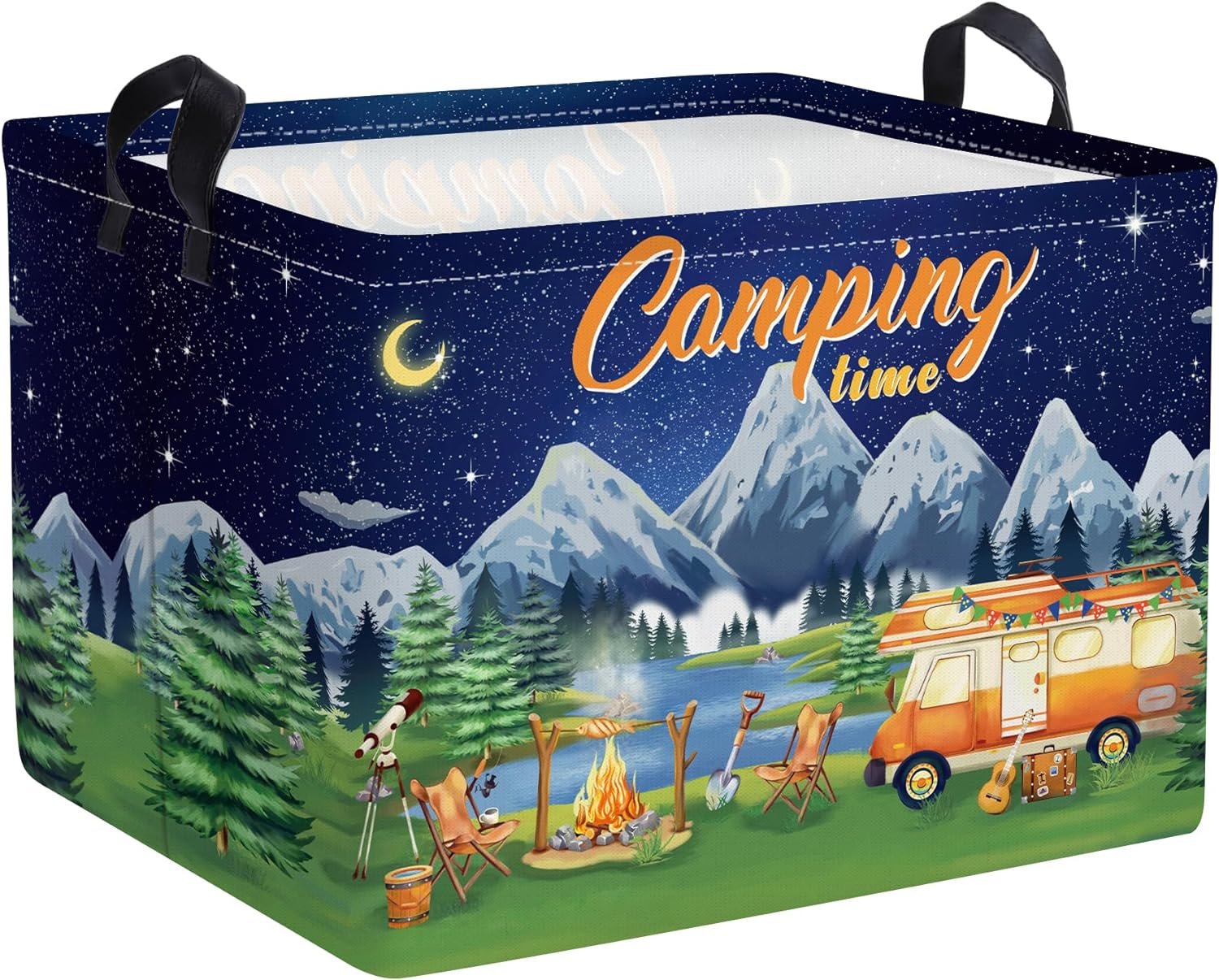 Clastyle Black Night Camping Storage Basket Clothes Toy Tool Food Picnic Basket Outdoor Beach Pool Towel Basket Rectangle Moutain Lake Fir Tree Caravan Bin