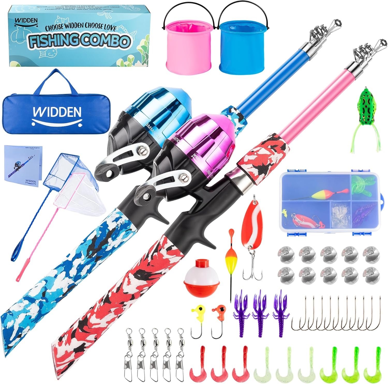 WIDDEN Kids Fishing Pole, Portable Telescopic Kids Fishing Poles for Boys and Girls, Fishing Rod and Reel Combo Kit with Tackle Box, and Fishing Net, Best Fishing Pole for Toddler Youth