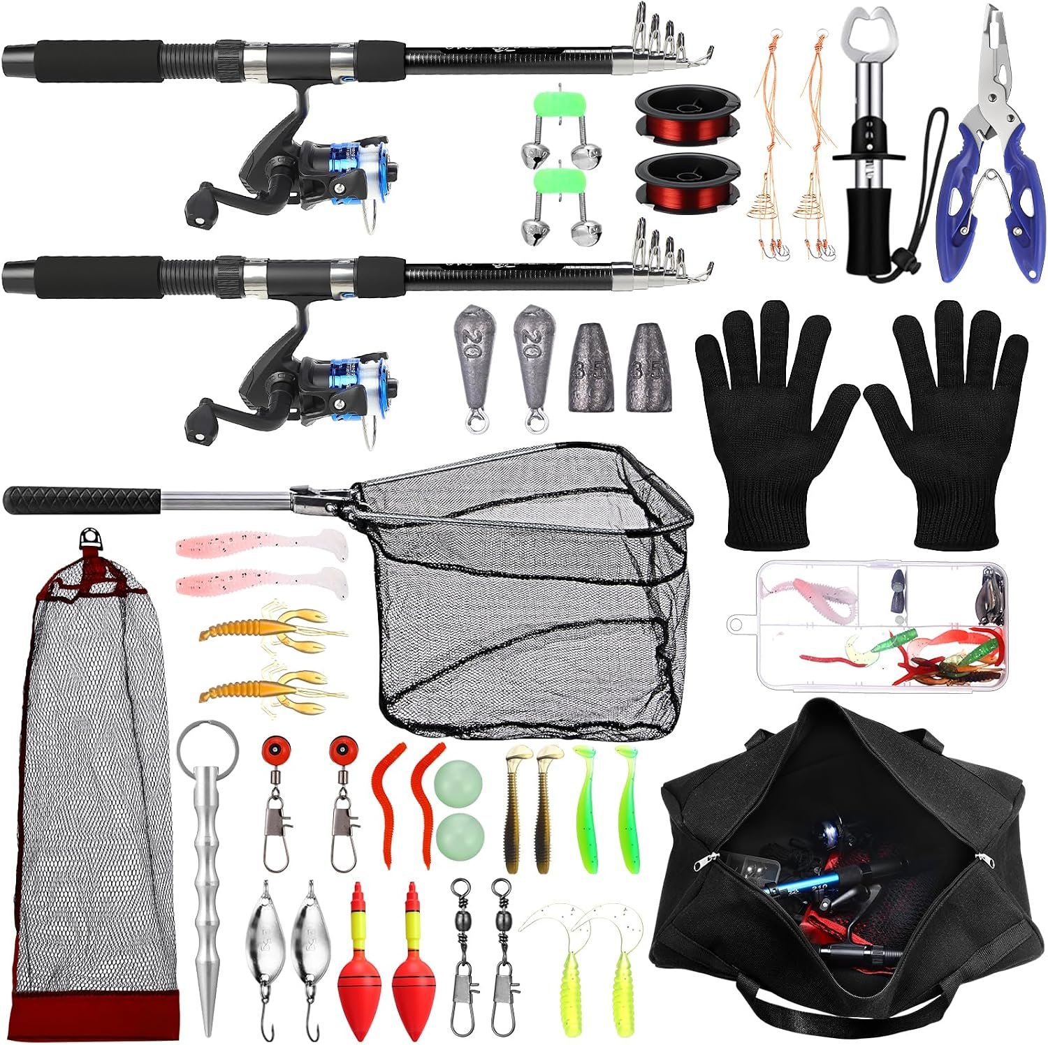 MiniInflat Telescopic Fishing Rod and Reel Combo, 6.89ft 2pcs Collapsible Rod with Plier Lip Gripper Lures Carrier Bag Pre-Loaded Spinning Reel Saltwater Freshwater Fishing Pole Kit