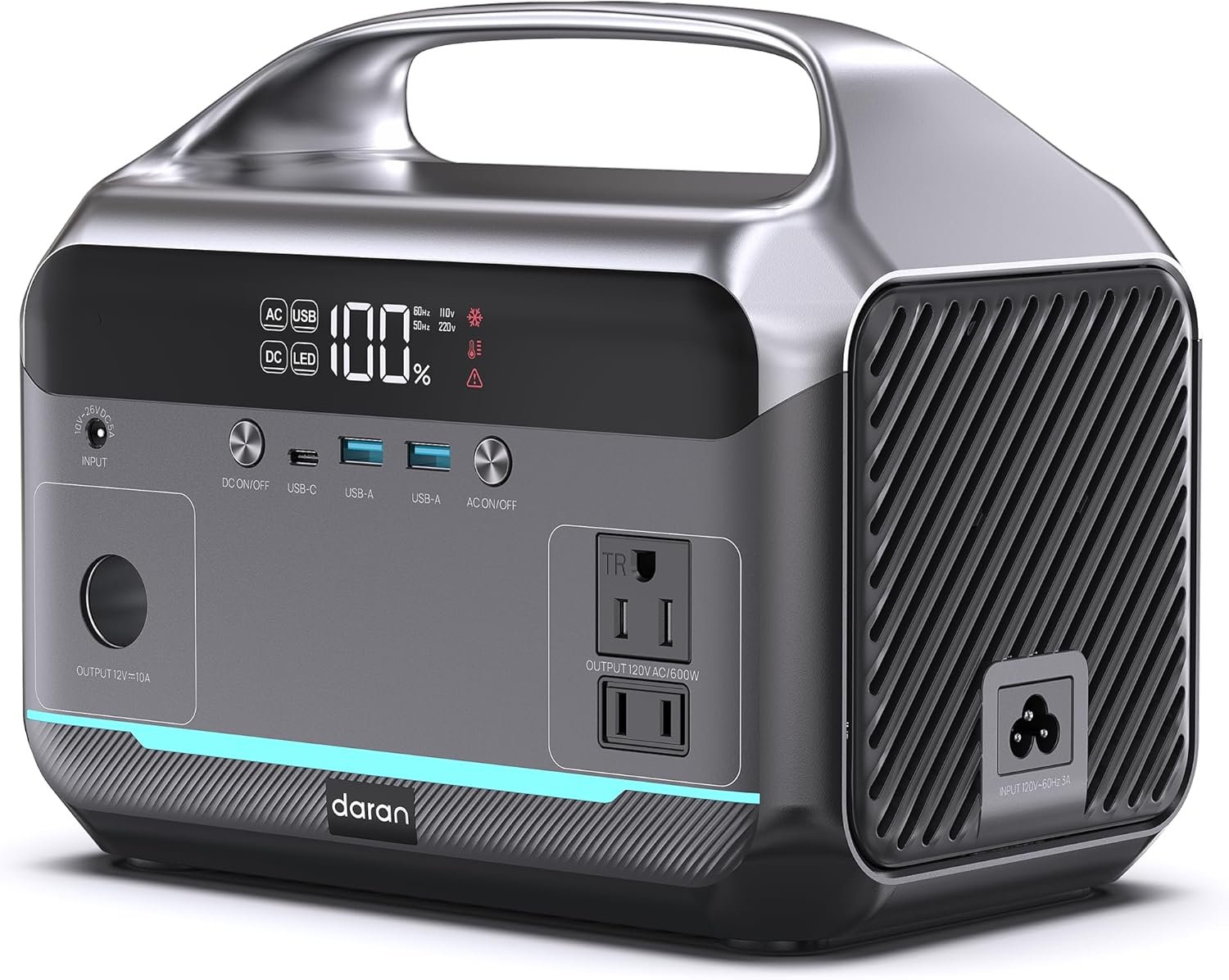 DARAN Portable Power Station 600W (1200W Peak), 288Wh Solar Generator LiFePO4 Battery with AC DC Outlets, 2hrs Fast Charging, 7-Port Design for Emergency, Hurricane (Solar Optional)